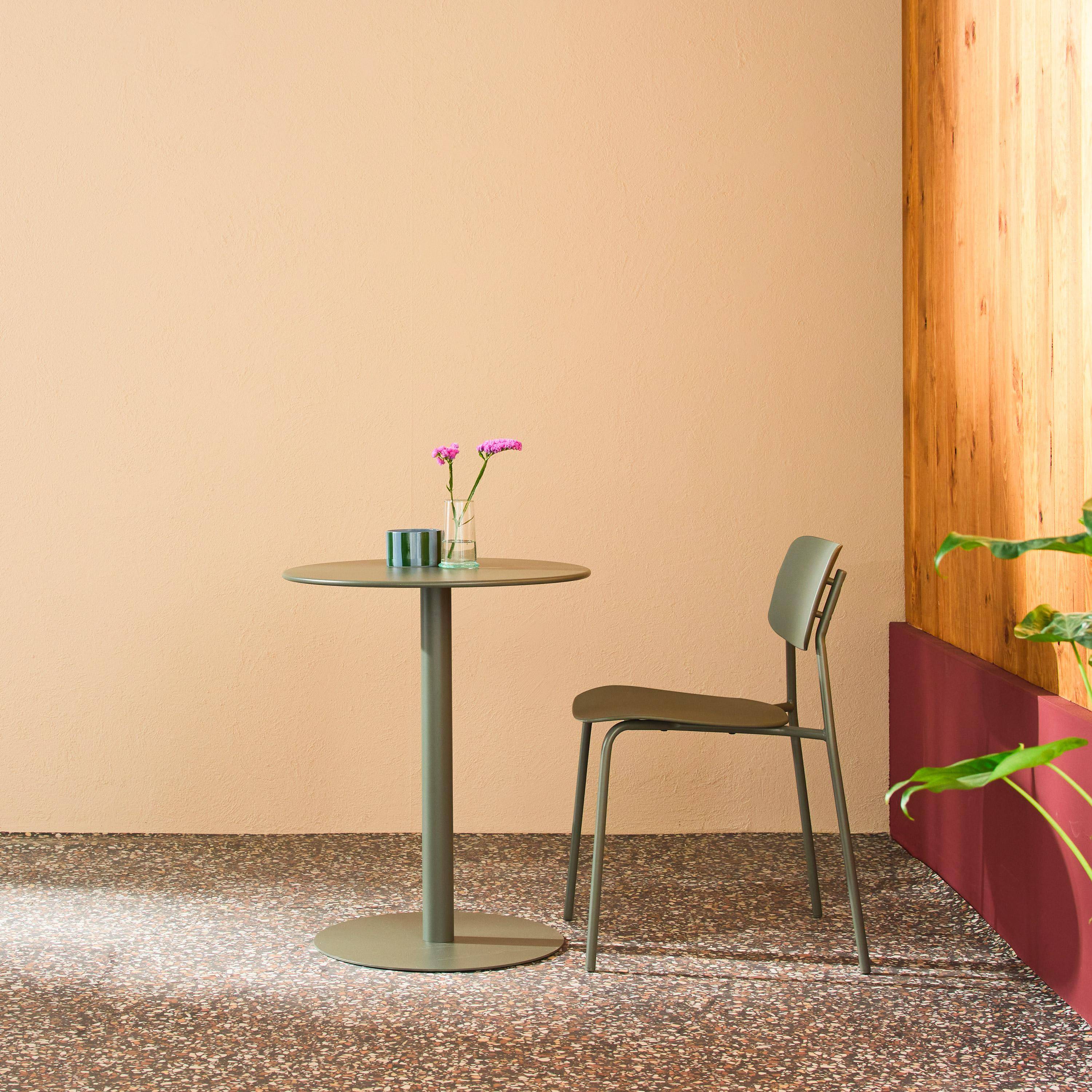 Round steel bistro garden table for 2 people Khaki Green 60x60x73 cm - Orea,sweeek,Photo1