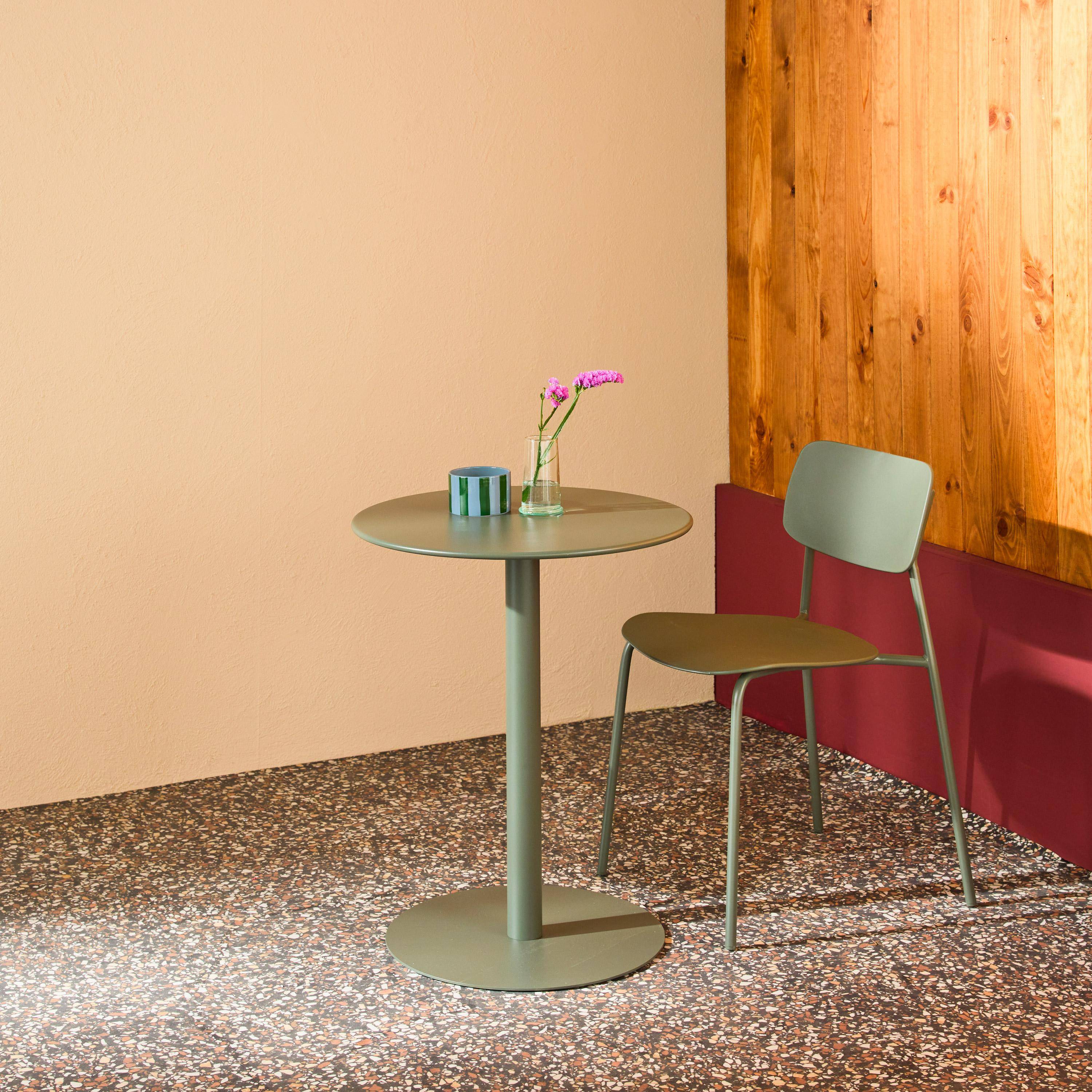 Round steel bistro garden table for 2 people Khaki Green 60x60x73 cm - Orea,sweeek,Photo2