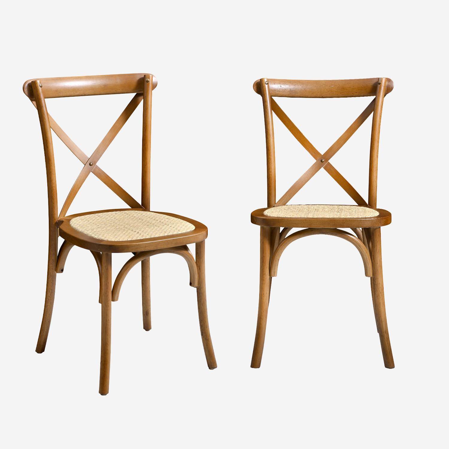 Zestaw 2 krzeseł barowych z drewna kauczukowego imitującego orzech, styl vintage, siedzisko z rattanu, możliwość układania w stosy,sweeek,Photo2