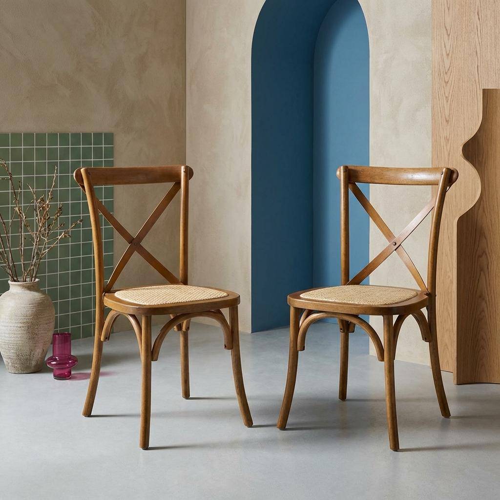 Zestaw 2 krzeseł barowych z drewna kauczukowego imitującego orzech, styl vintage, siedzisko z rattanu, możliwość układania w stosy Photo1