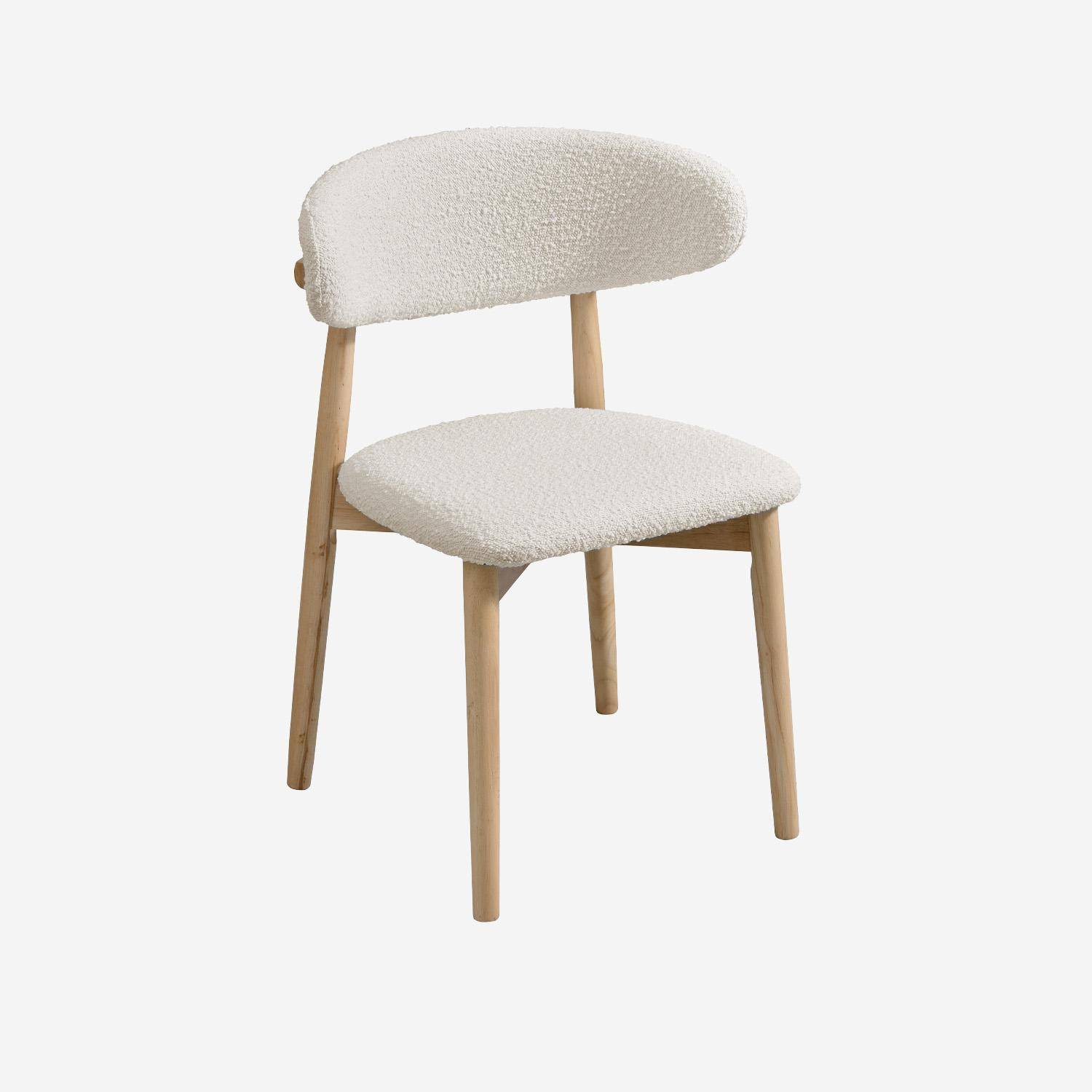 Lot de 2 chaises en bois d'hévéa naturel et tissu bouclette blanc crème  Photo2
