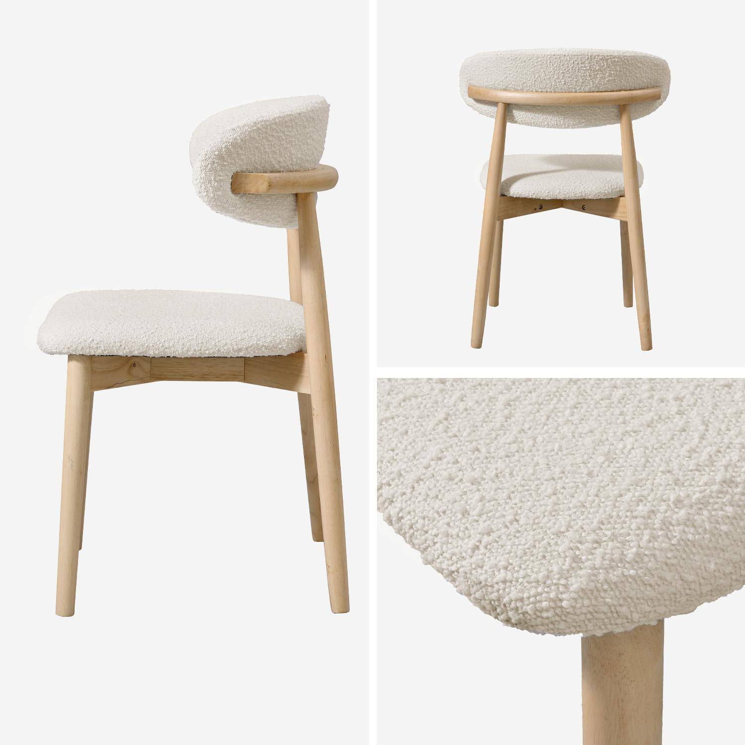Lot de 2 chaises en bois d'hévéa naturel et tissu bouclette blanc crème  Photo4