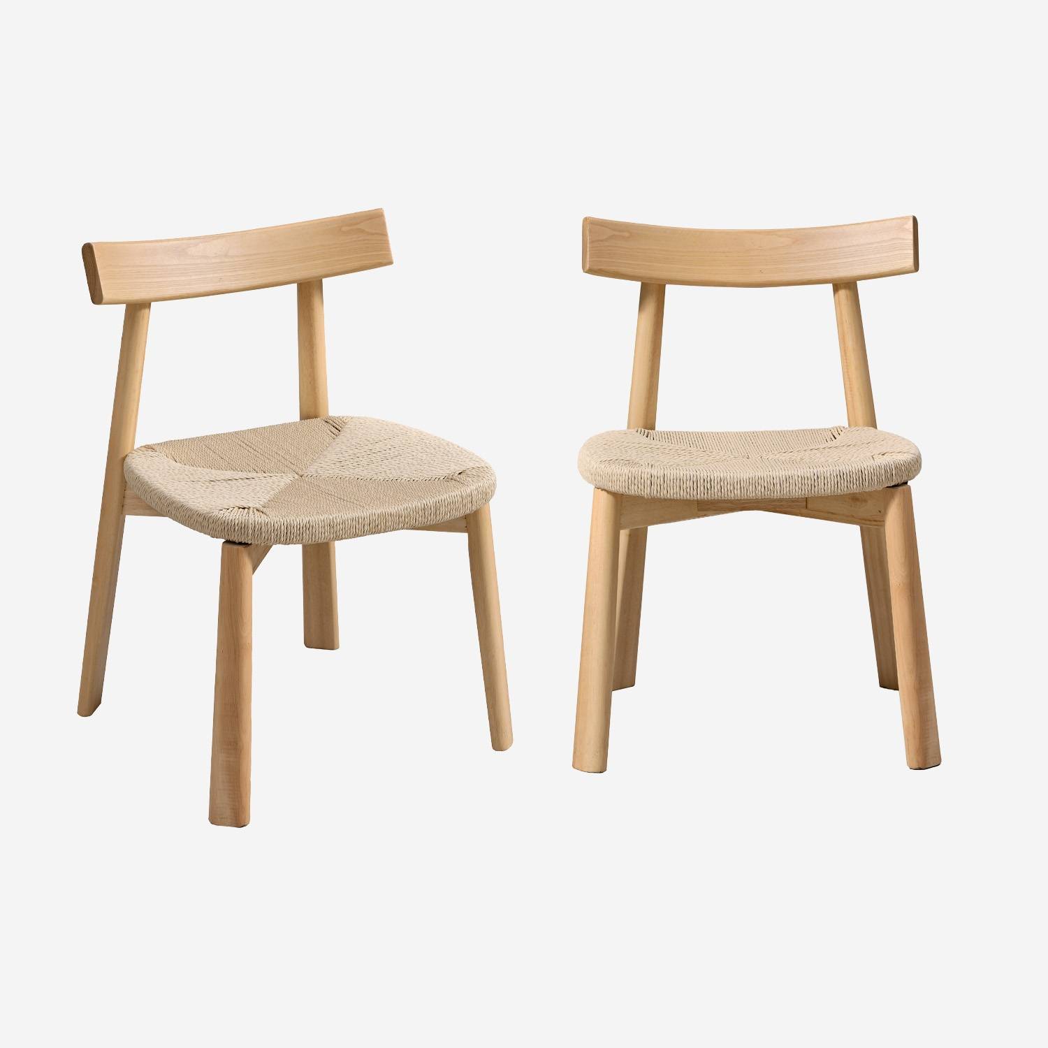 Set di 2 sedie scandinave in legno di hevea con seduta in corda, Marrone naturale
