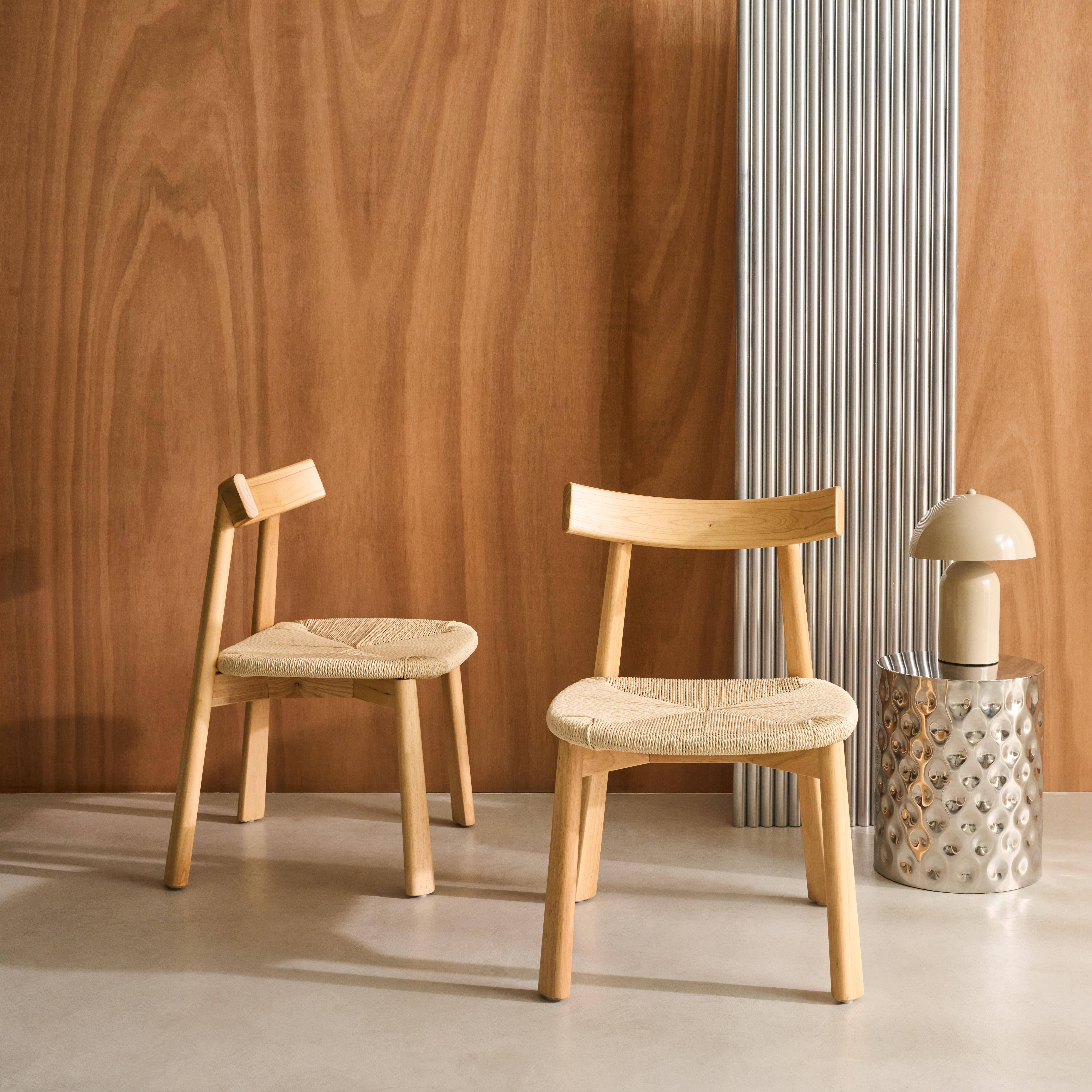 Lot de 2 chaises scandinaves en bois d'hévéa effet naturel et assise en corde beige Photo2