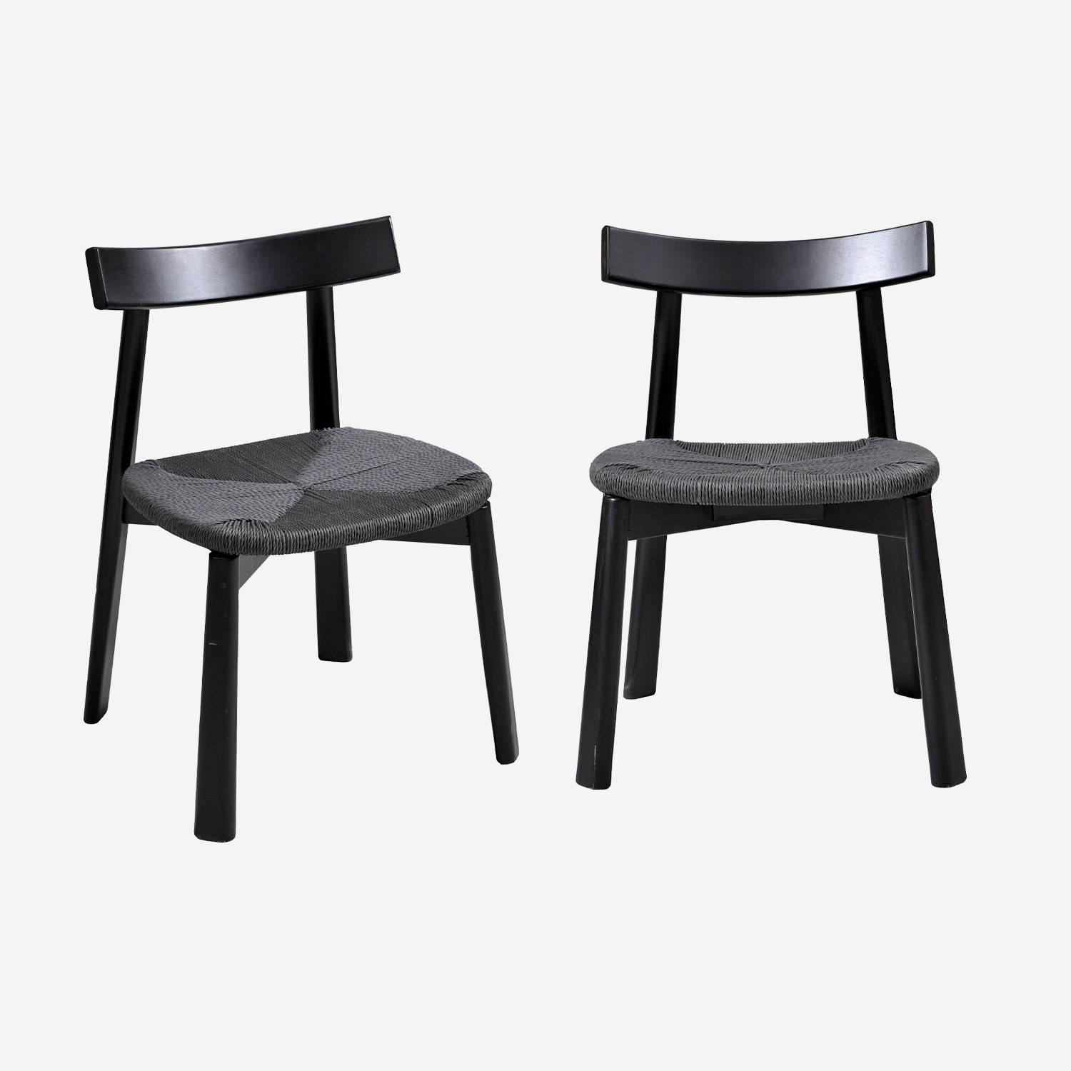 Set di 2 sedie scandinave in legno di hevea con seduta in corda, Nero