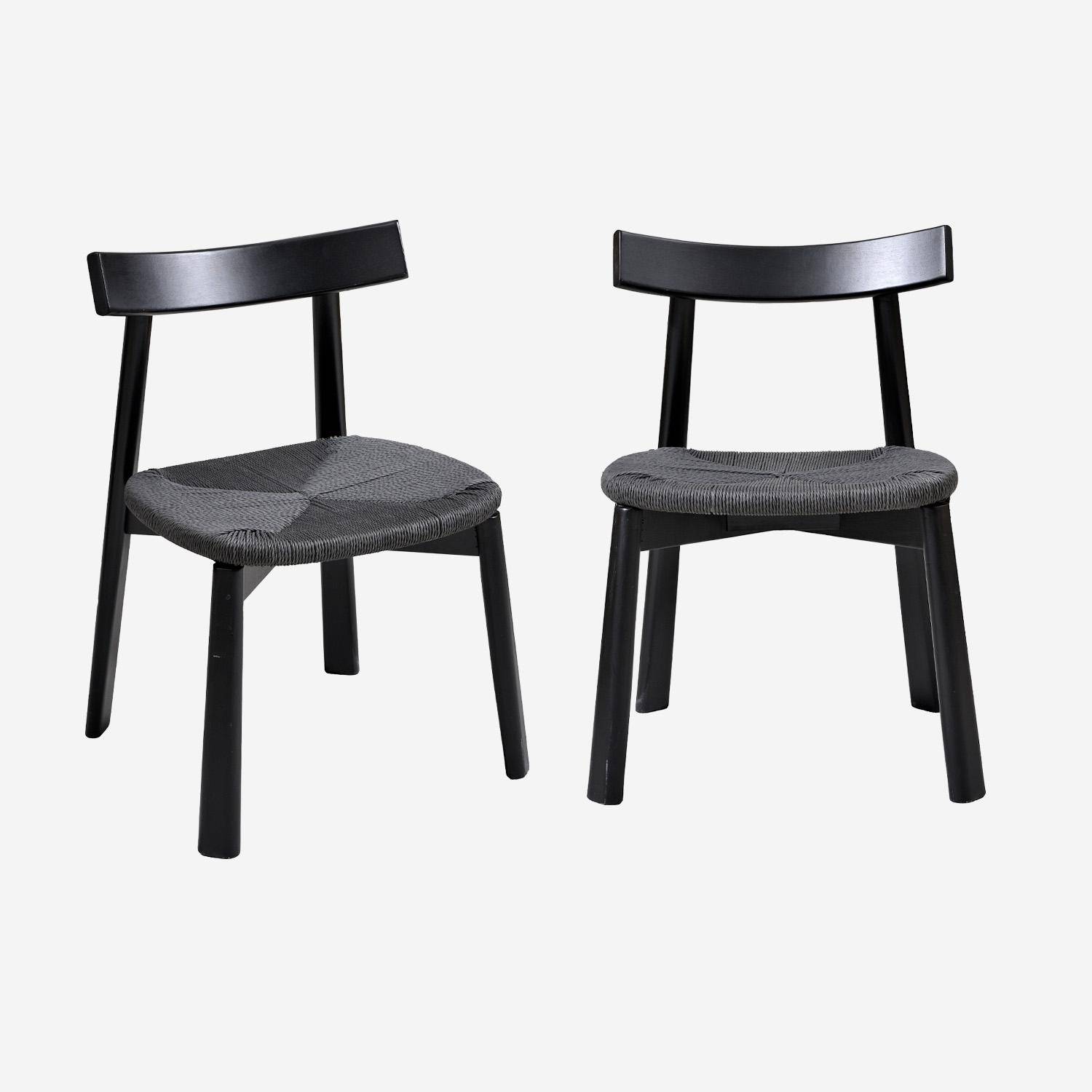 Lot de 2 chaises scandinaves en bois d'hévéa noir et assise en corde noire,sweeek,Photo1