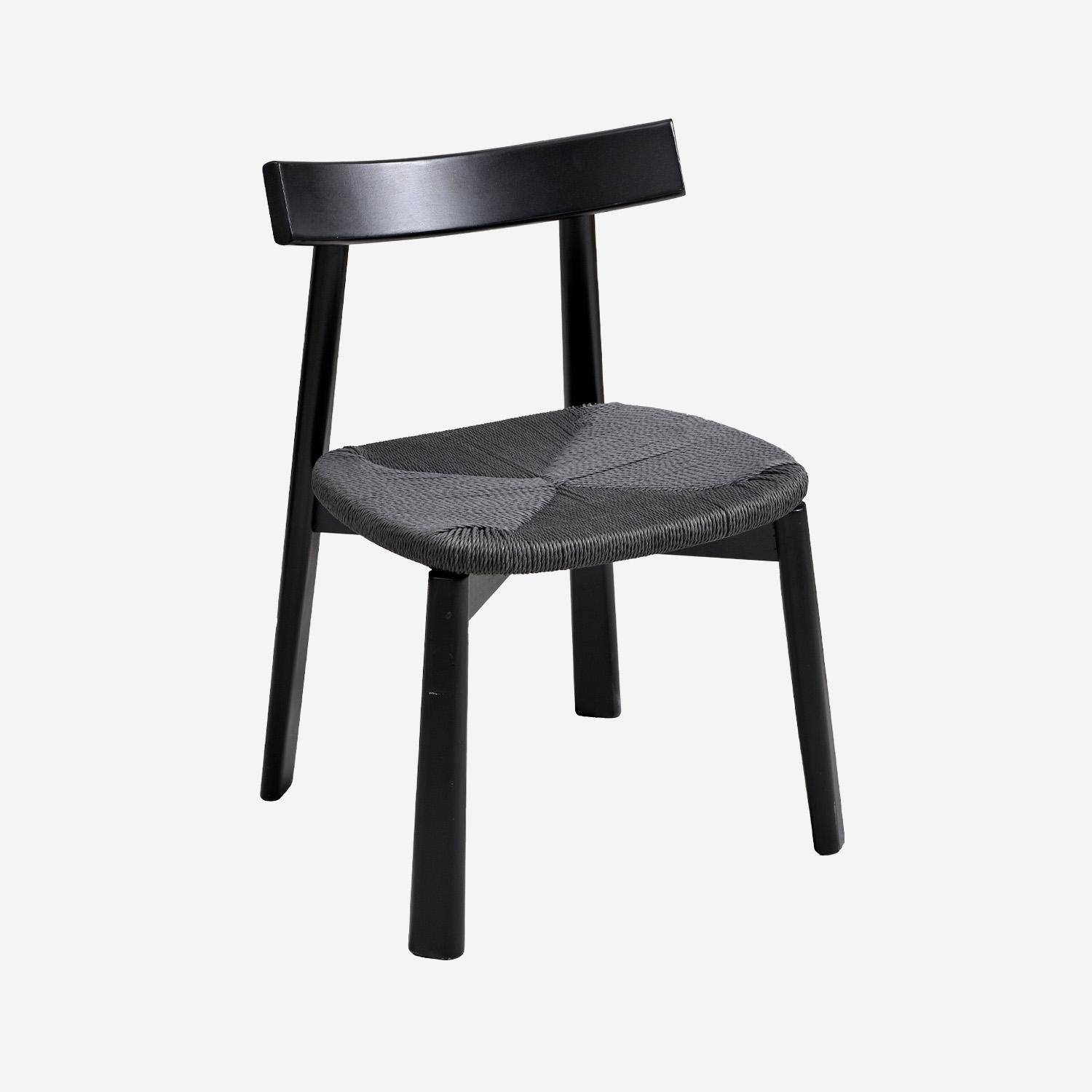 Lot de 2 chaises scandinaves en bois d'hévéa noir et assise en corde noire Photo2