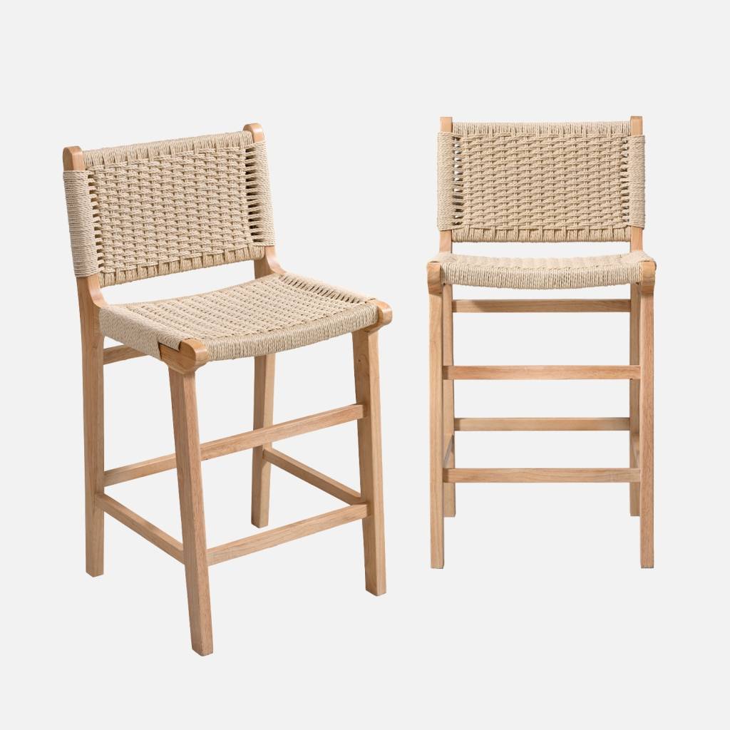 2 tabourets de bar bois d'hévéa naturel cordes beiges