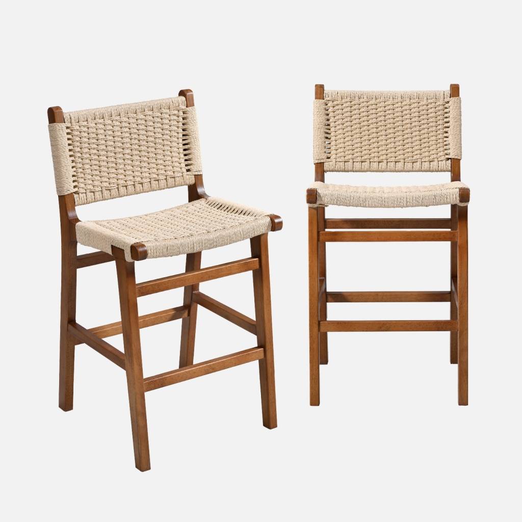 2 tabourets de bar bois d'hévéa effet noyer cordes beiges