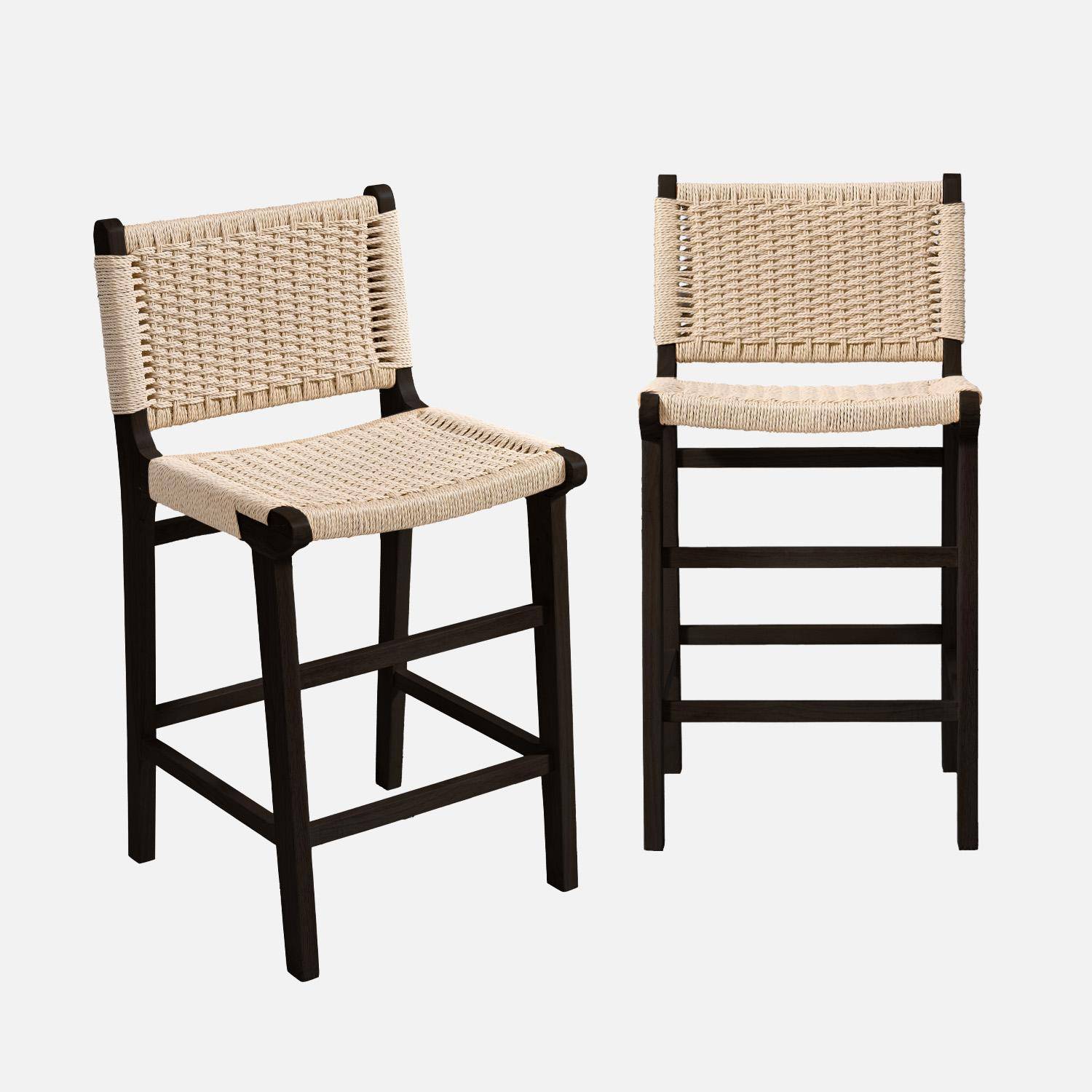Lot de 2 tabourets de bar en bois d'hévéa noir et assise en cordes beiges,sweeek,Photo2