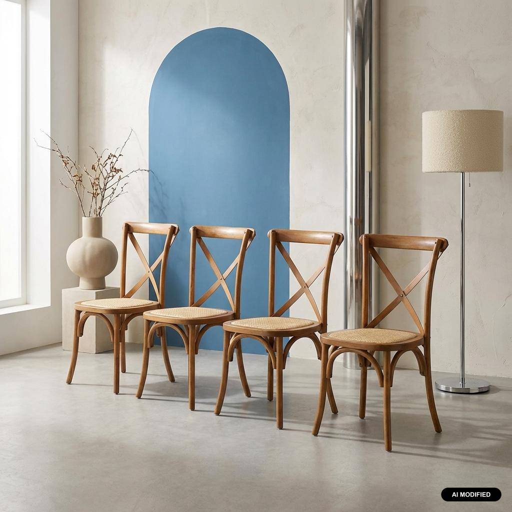 Lot de 4 chaises de bistrot en bois d'hévéa noyer, vintage, assise en rotin, empilables Photo1