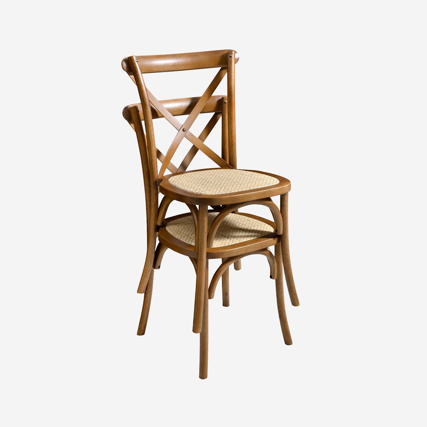 Lot de 4 chaises de bistrot en bois d'hévéa noyer, vintage, assise en rotin, empilables,sweeek,Photo5