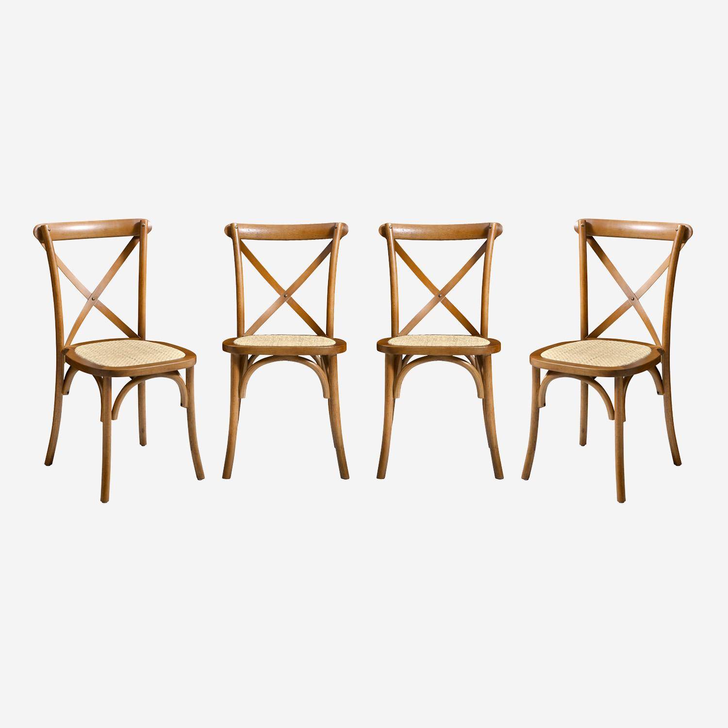 Lot de 4 chaises de bistrot en bois d'hévéa noyer, vintage, assise en rotin, empilables,sweeek,Photo2