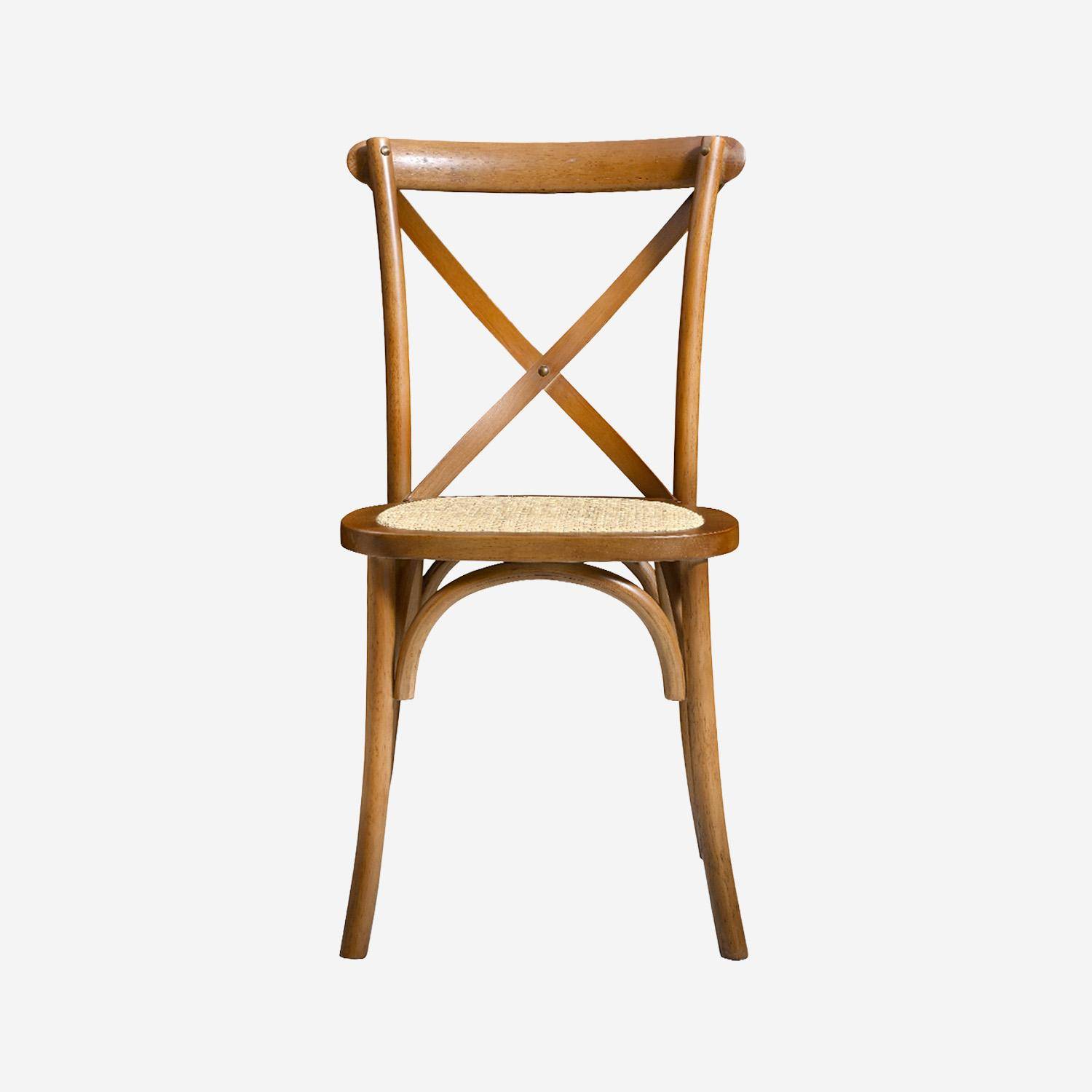 Lot de 4 chaises de bistrot en bois d'hévéa noyer, vintage, assise en rotin, empilables,sweeek,Photo4
