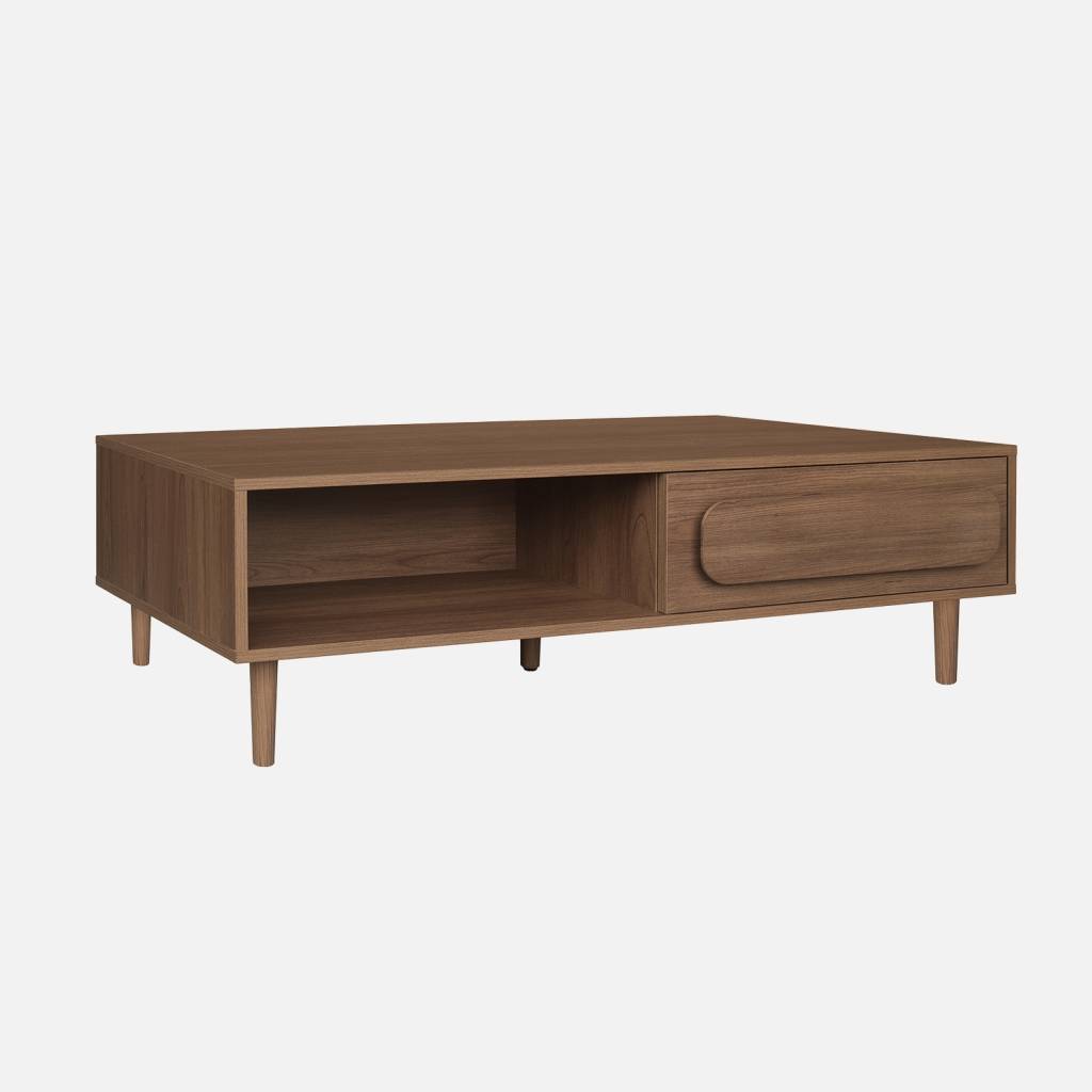 Table basse vintage effet bois de noyer 1 tiroir 2 niches 120cm