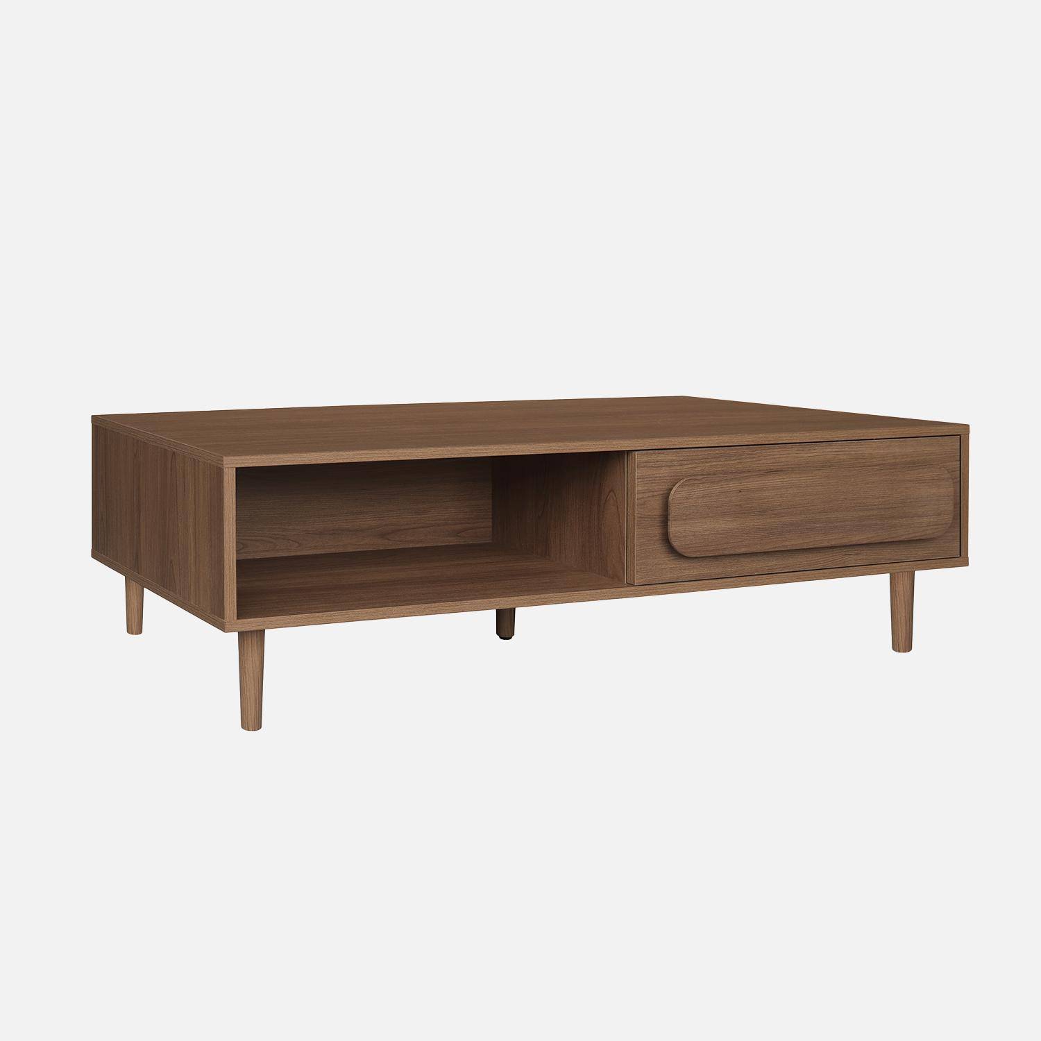 Table basse vintage effet bois de noyer 1 tiroir 2 niches 120cm - Juliana Photo1