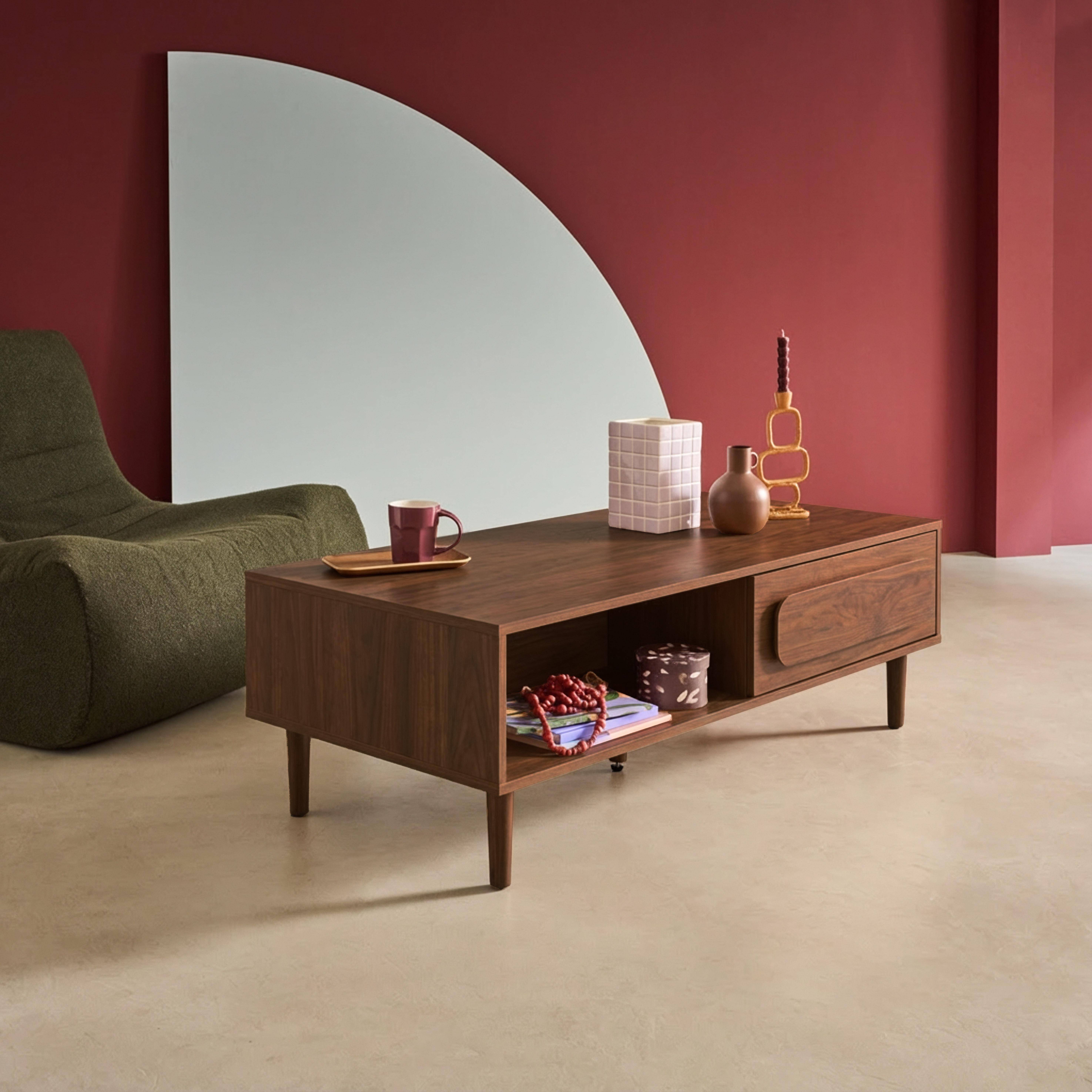 Vintage salontafel walnoothoutlook 1 lade 2 vakken 120x55x38cm - Juliana,sweeek,Photo2