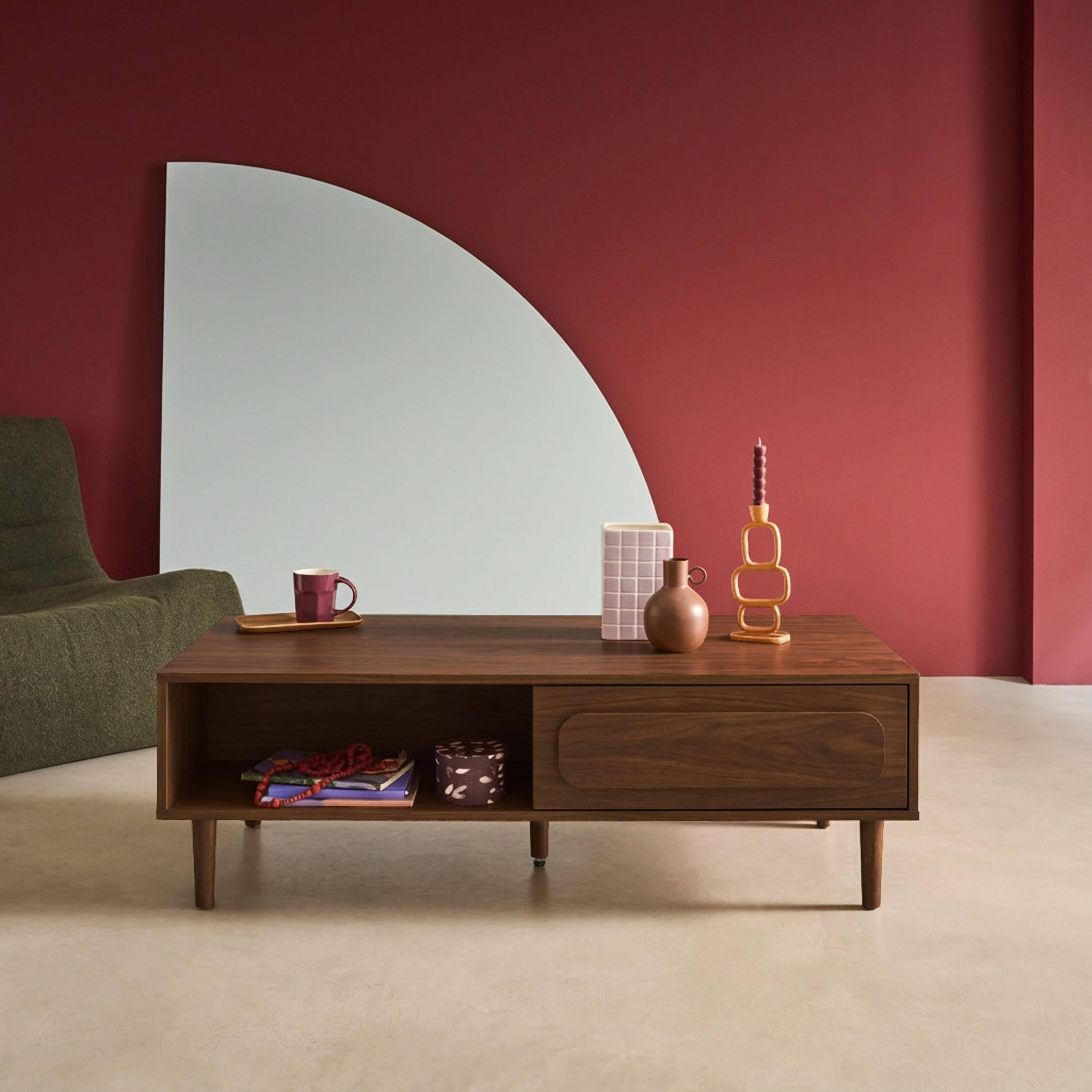 Vintage salontafel walnoothoutlook 1 lade 2 vakken 120x55x38cm - Juliana Photo1