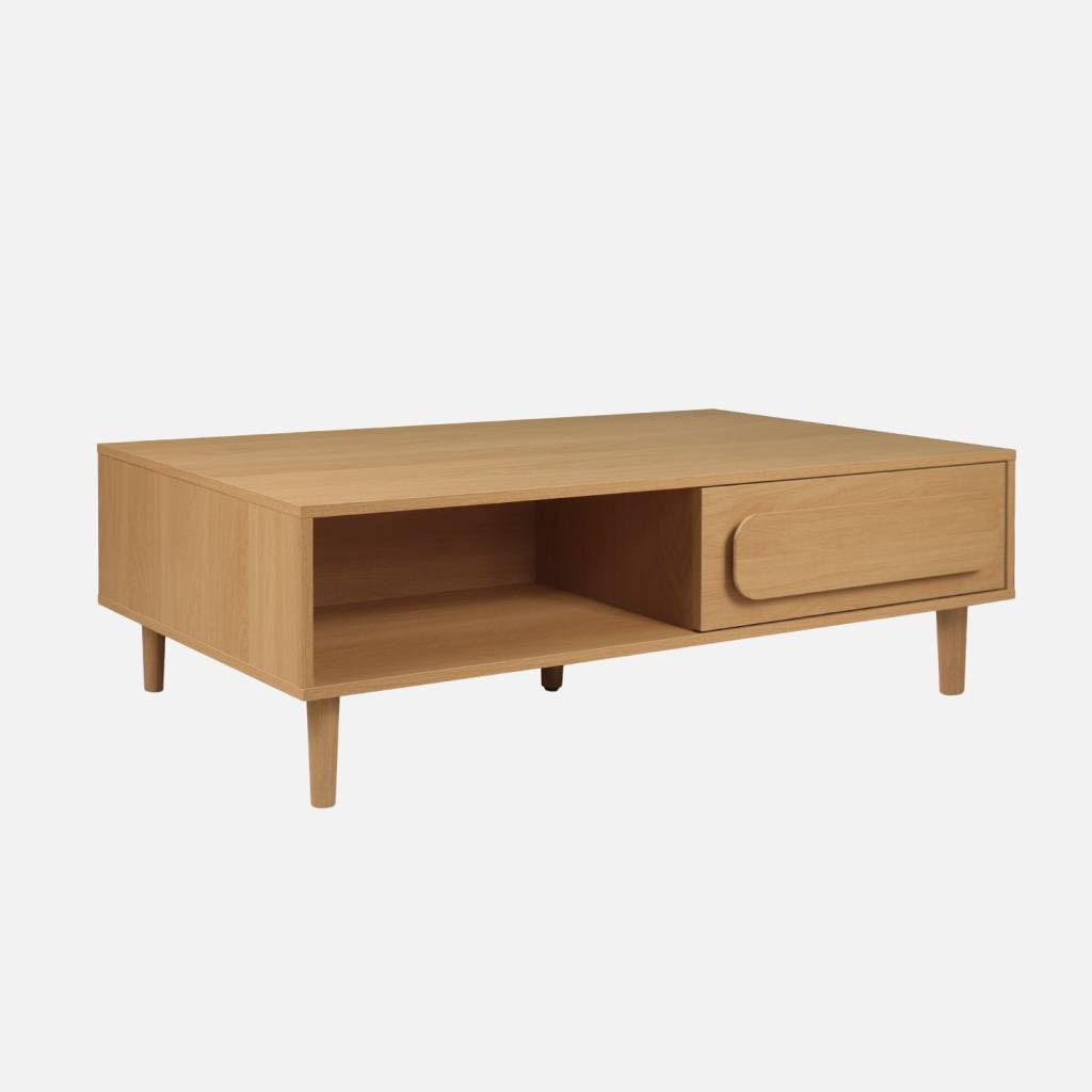 Table basse vintage effet bois de chêne 1 tiroir 2 niches 120cm