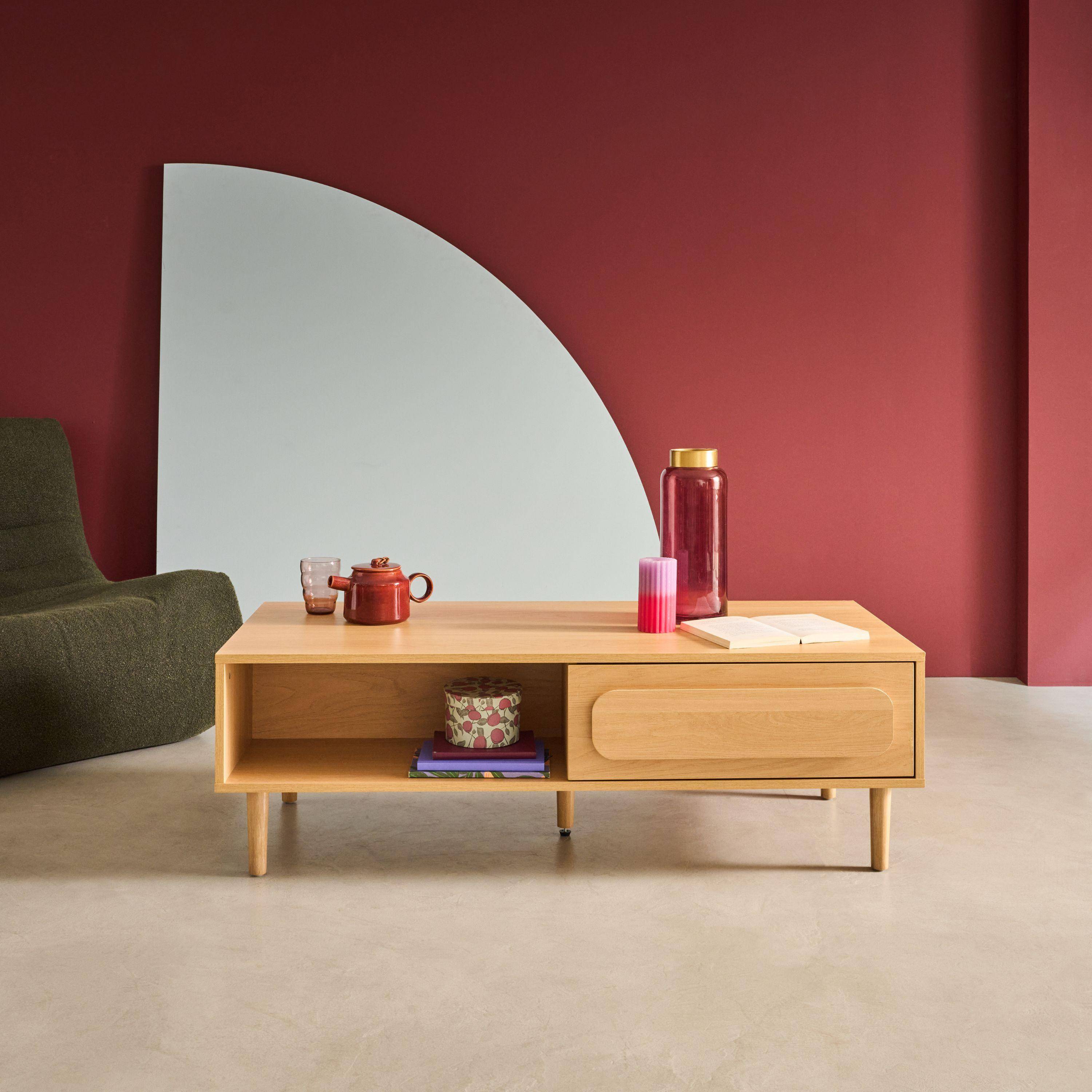 Table basse vintage effet bois de chêne 1 tiroir 2 niches 120cm - Juliana Photo1