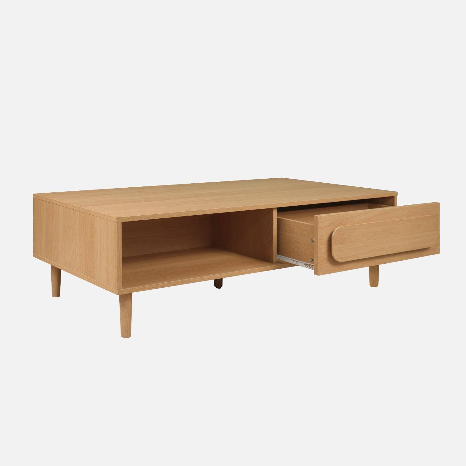 Table basse vintage effet bois de chêne 1 tiroir 2 niches 120cm - Juliana Photo3