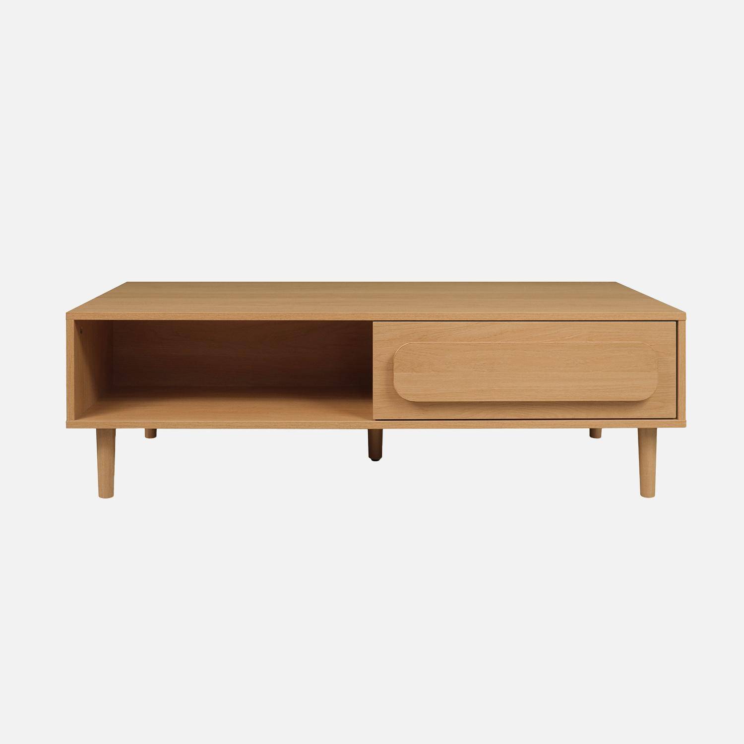 Table basse vintage effet bois de chêne 1 tiroir 2 niches 120cm - Juliana Photo2