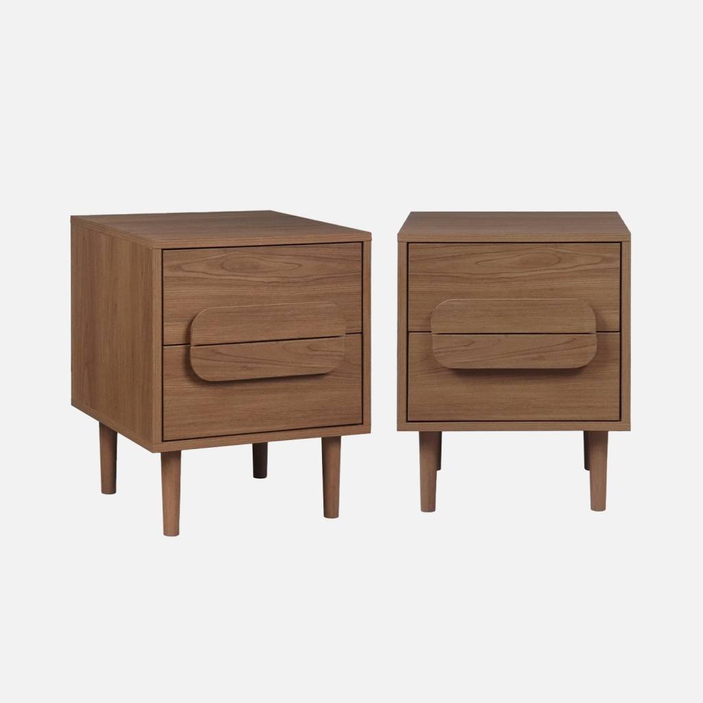 Table de chevet vintage effet bois de noyer 2 tiroirs (lot de 2)