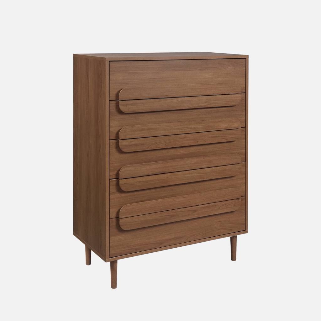 Commode vintage effet bois de noyer 5 tiroirs