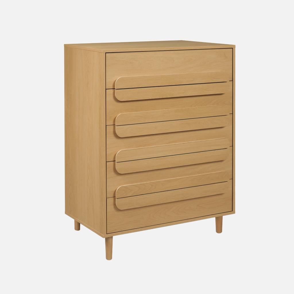 Commode vintage effet bois de chêne 5 tiroirs