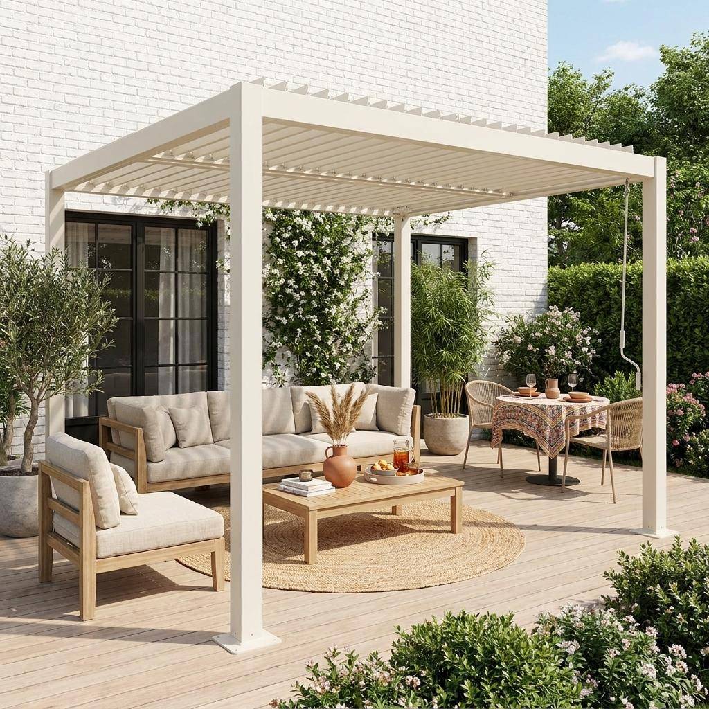 Pérgola bioclimática 3x3m de lamas de aluminio y acero Beige - 292x292x231 cm Photo1