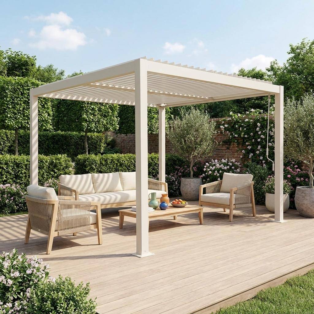 Pérgola bioclimática 3x3m de lamas de aluminio y acero Beige - 292x292x231 cm Photo2