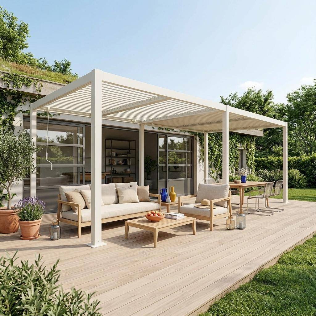 Bioklimatyczna pergola, aluminium i stali, 3x6 m, regulowane listwy, beżowa Photo1