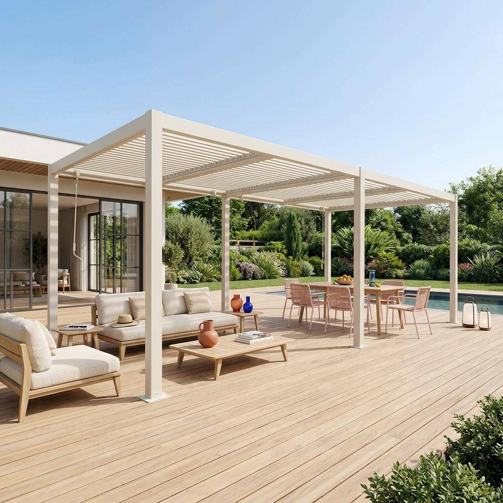Pergola bioclimatica 3x6m in alluminio e acciaio, lamelle orientabili Beige - 574x292x231 cm Photo1
