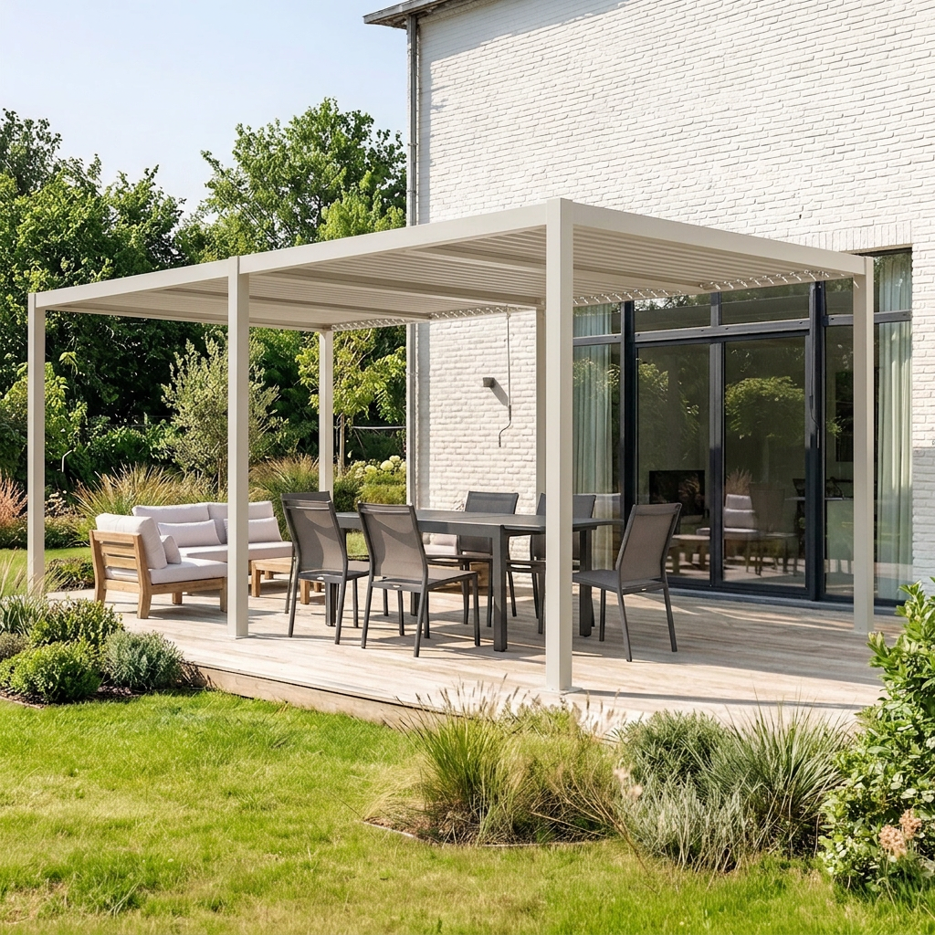 Bioklimatyczna pergola, aluminium i stali, 3x6 m, regulowane listwy, beżowa Photo1