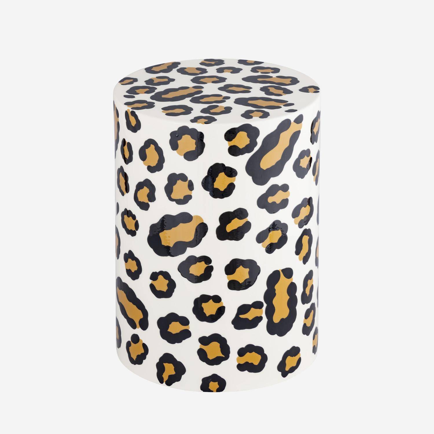 Bijzettafel, nachtkastje van geëmailleerd staal, luipaardmotief Ø33 x 46cm - Noko,sweeek,Photo6