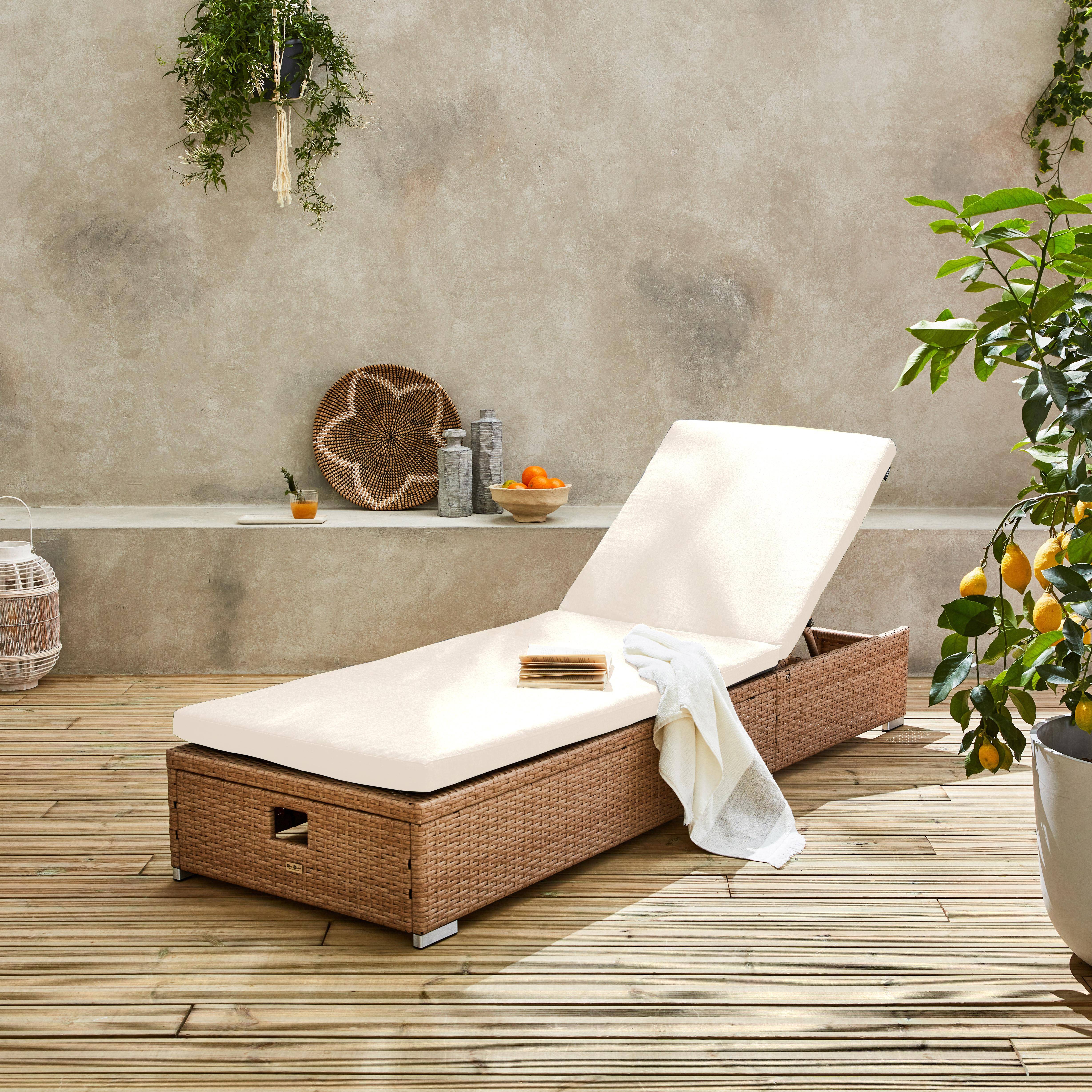 Sun lounger with woven resin frame, beige polyester cushions, multi-position, Olbia L195 x W65 x H32/97cm Photo2