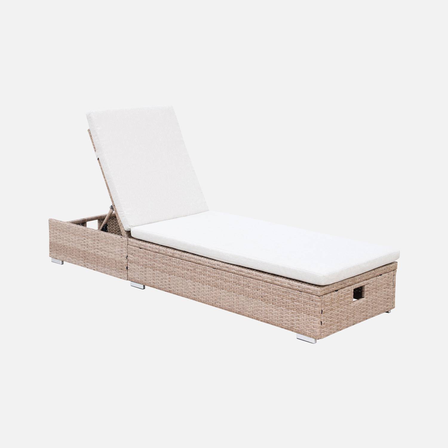 Sun lounger with woven resin frame, beige polyester cushions, multi-position, Olbia L195 x W65 x H32/97cm,sweeek,Photo3