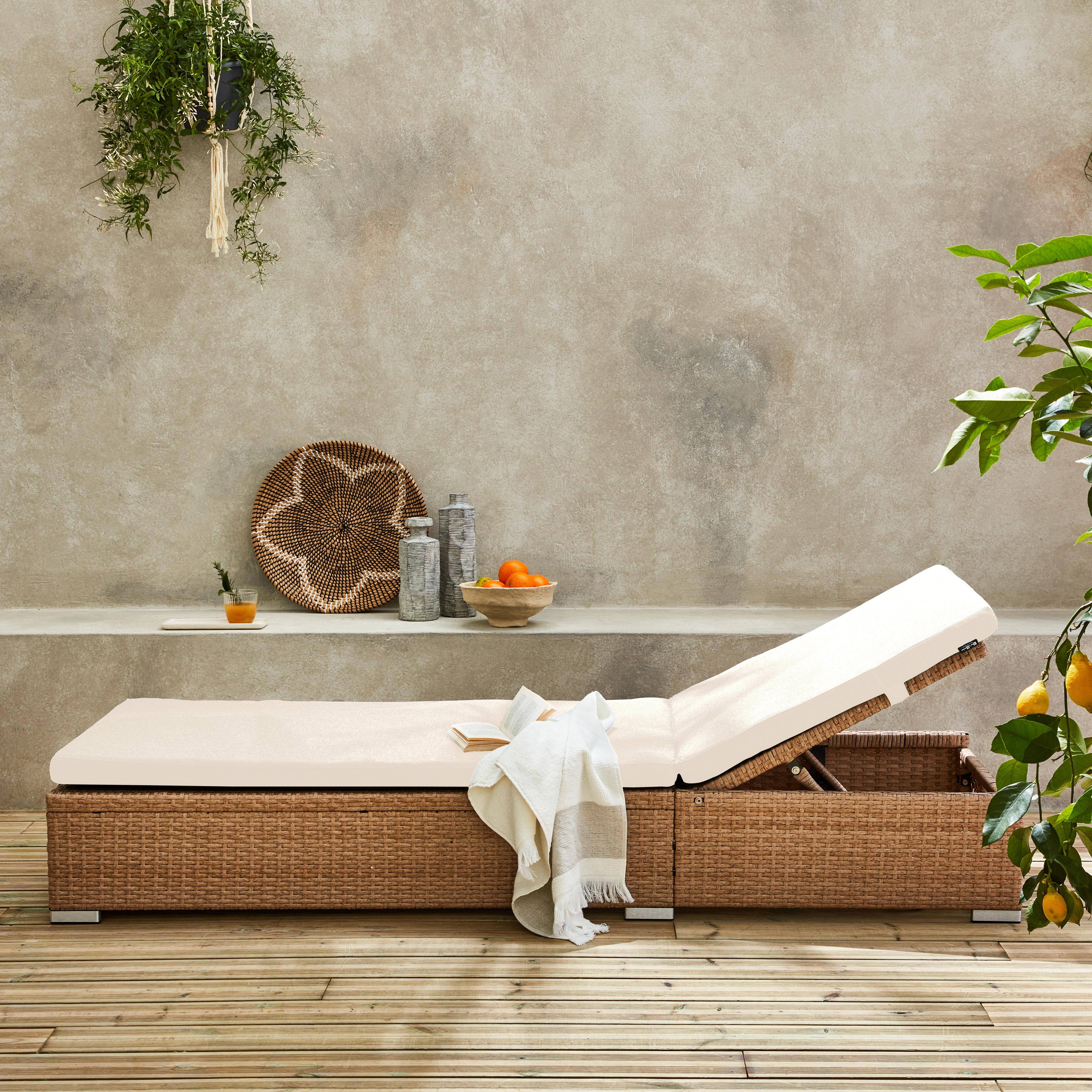 Sun lounger with woven resin frame, beige polyester cushions, multi-position, Olbia L195 x W65 x H32/97cm,sweeek,Photo1