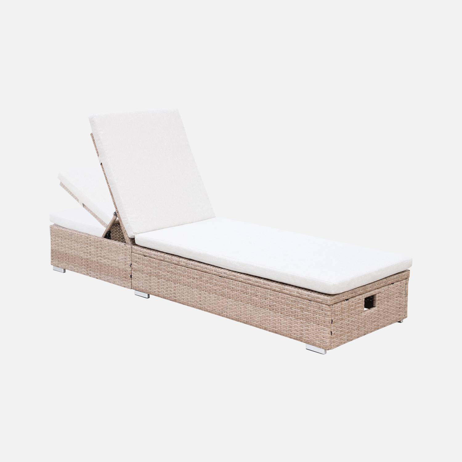 Sun lounger with woven resin frame, beige polyester cushions, multi-position, Olbia L195 x W65 x H32/97cm Photo5