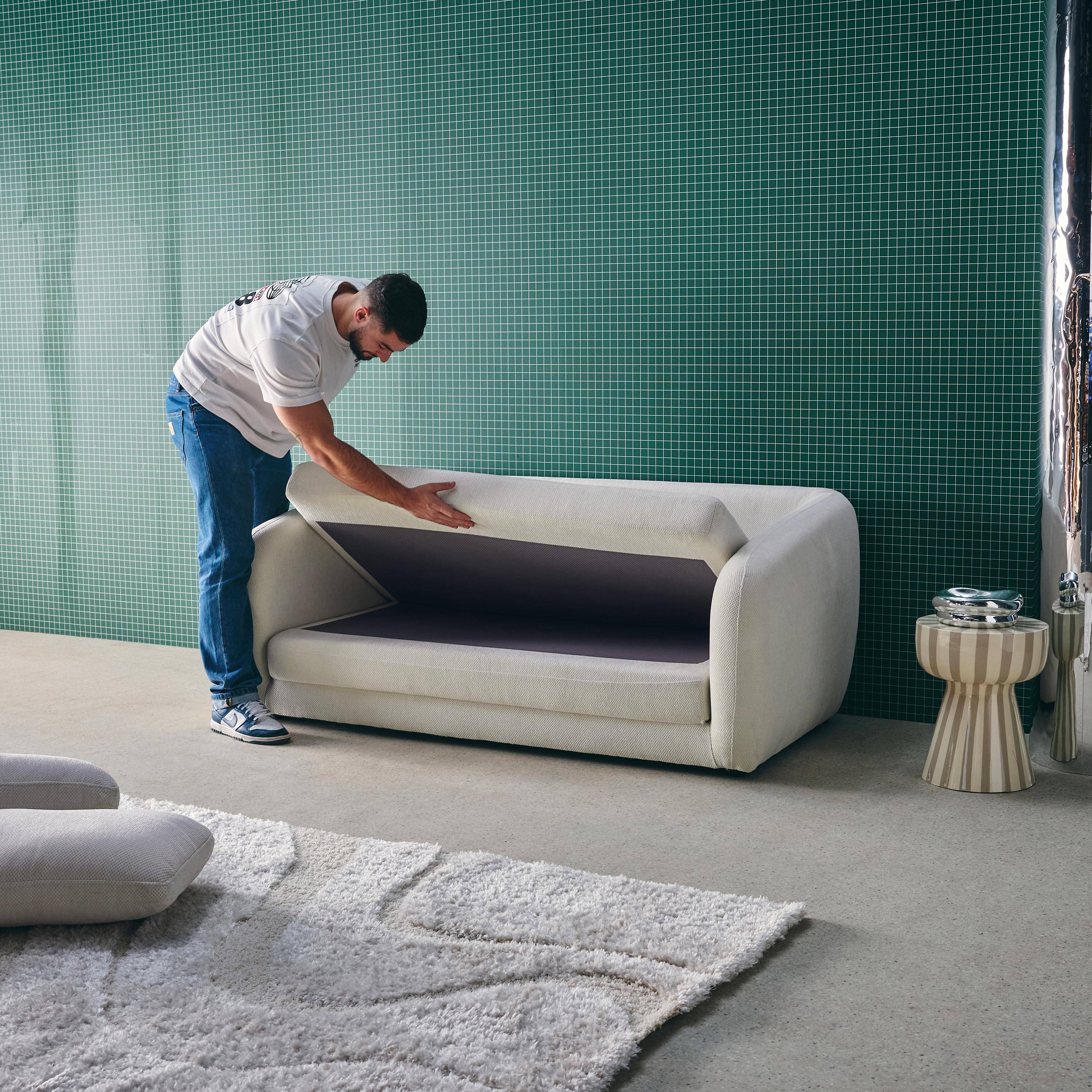 Divano letto in tessuto ciniglia, 2 posti, Twist, Bianco, 170x95x76 cm,sweeek,Photo3