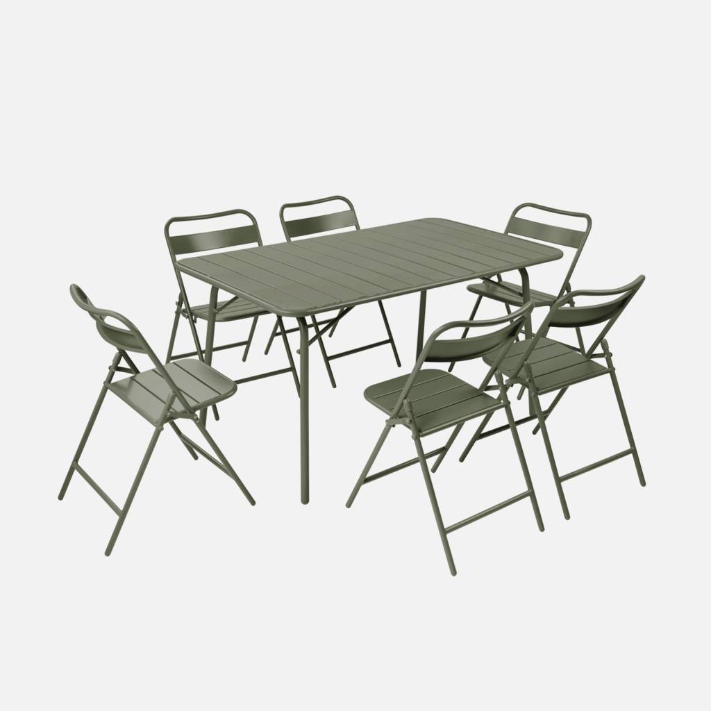 Table de jardin pliante métal + 6 assises kaki 140cm
