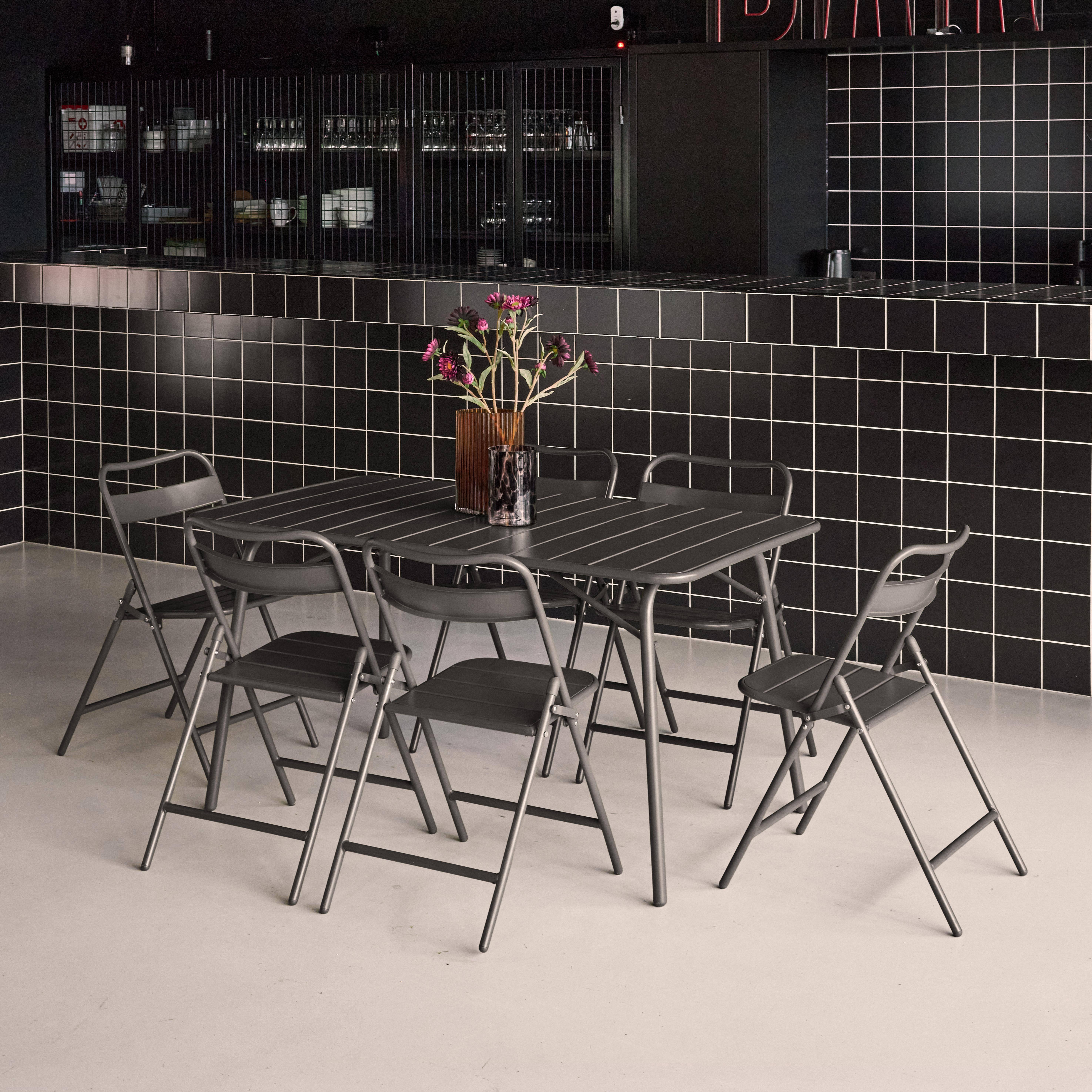 Table de jardin pliante métal + 6 assises anthracite, Amelia 141,2 x 80 x 72,5cm,sweeek,Photo2