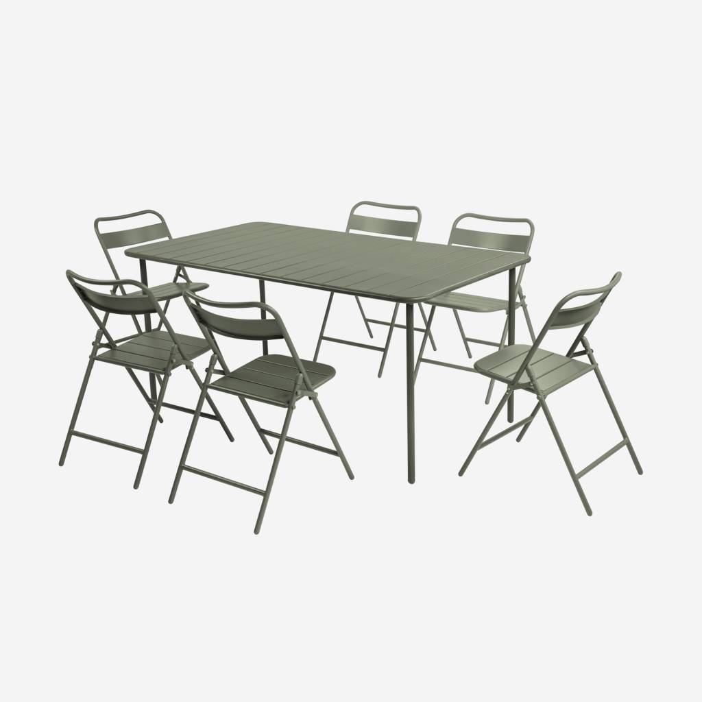 Table de jardin métal + 6 assises kaki 160 cm