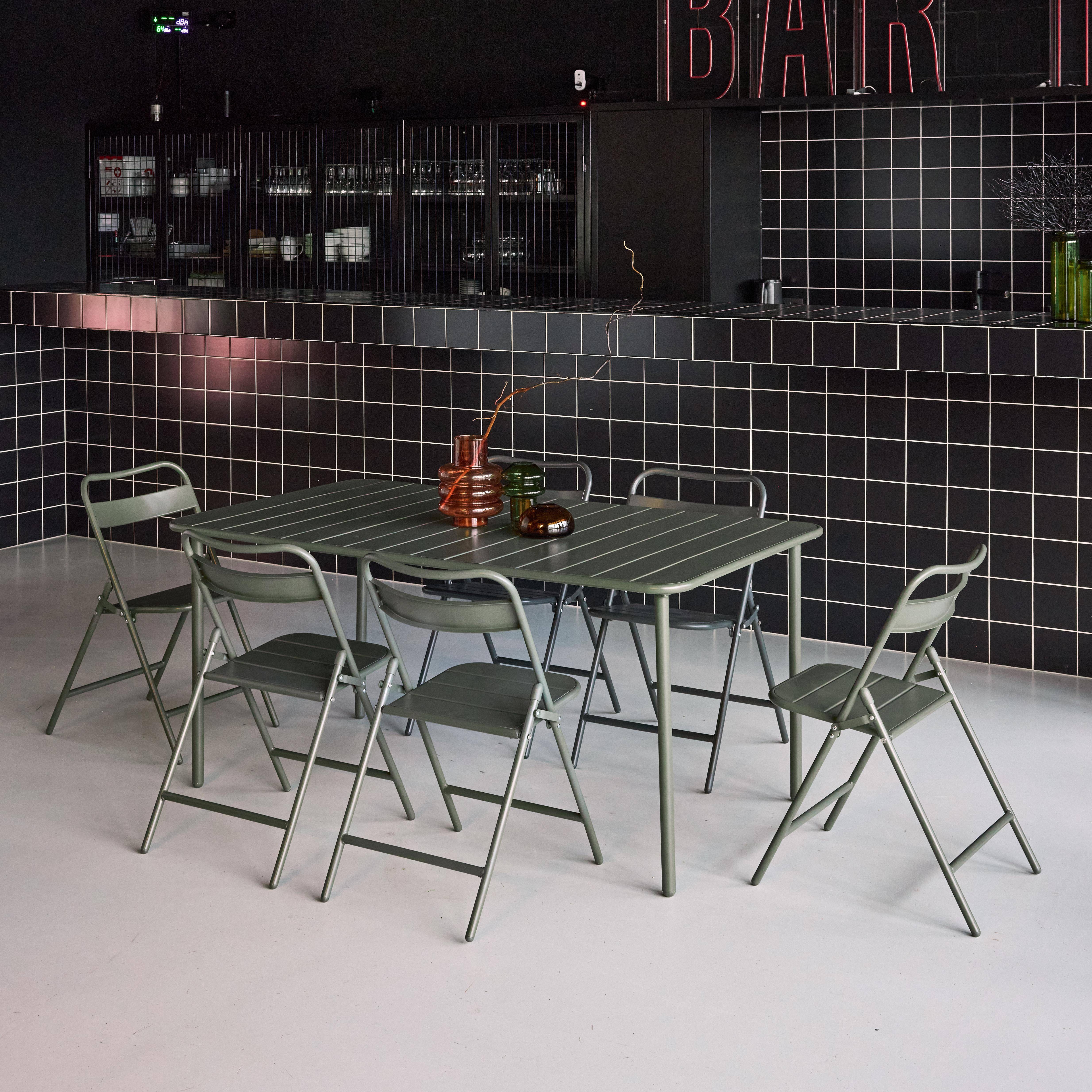 Tavolo da giardino in metallo + 6 sedute, Amélia, Verde kaki, 160x90x72.5 cm Photo2