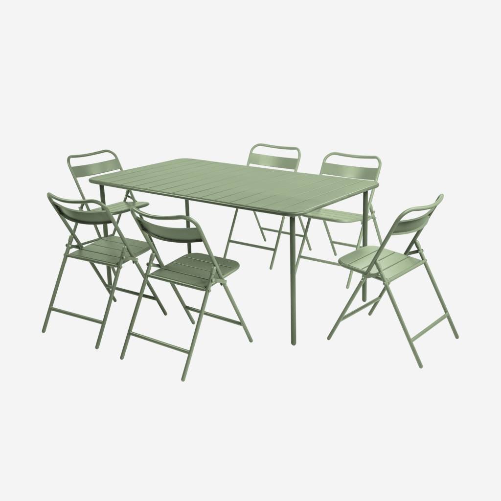 Table de jardin métal + 6 assises vert 160 cm