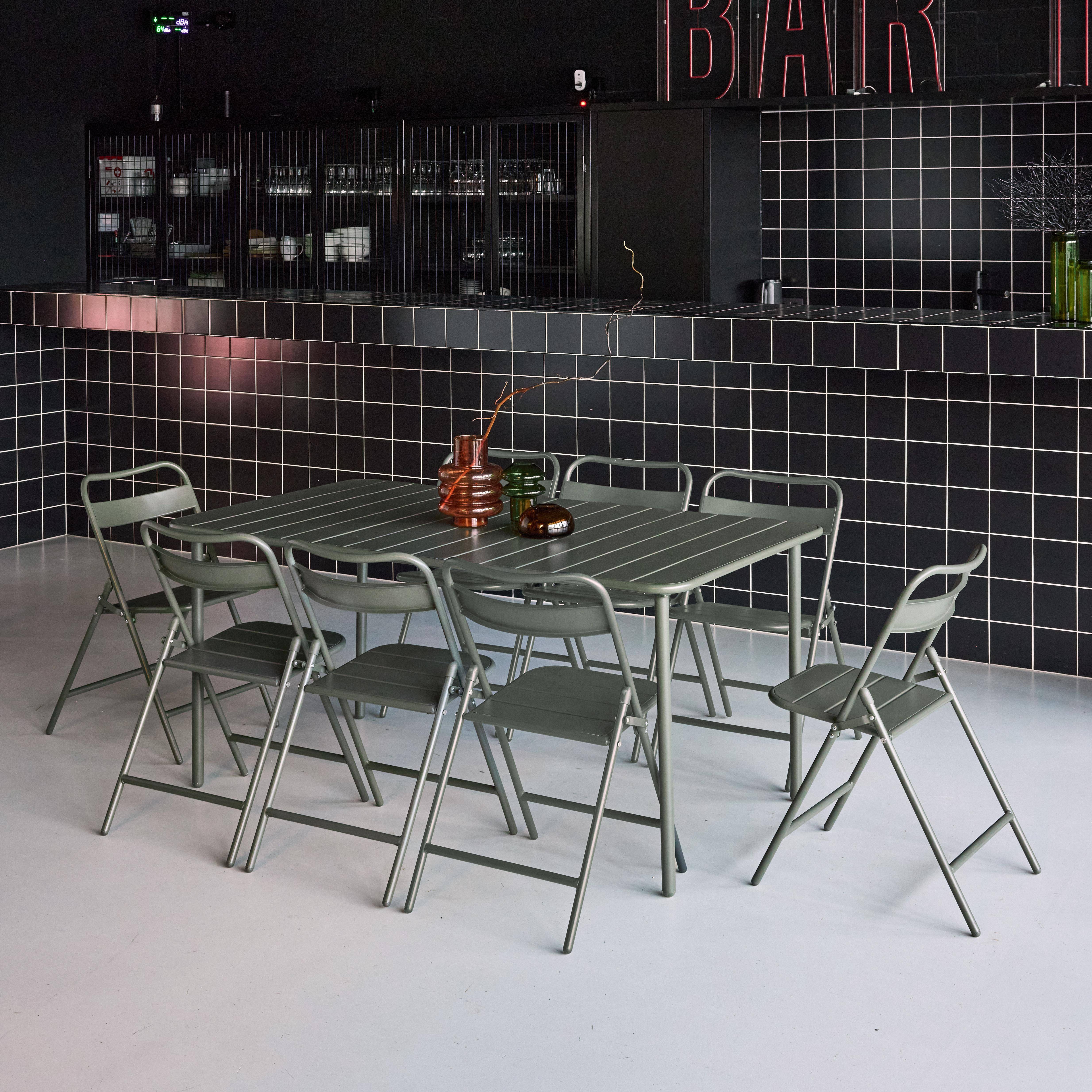 Tavolo da giardino in metallo + 8 sedute, Amélia, Verde kaki, 160x90x72.5 cm Photo2