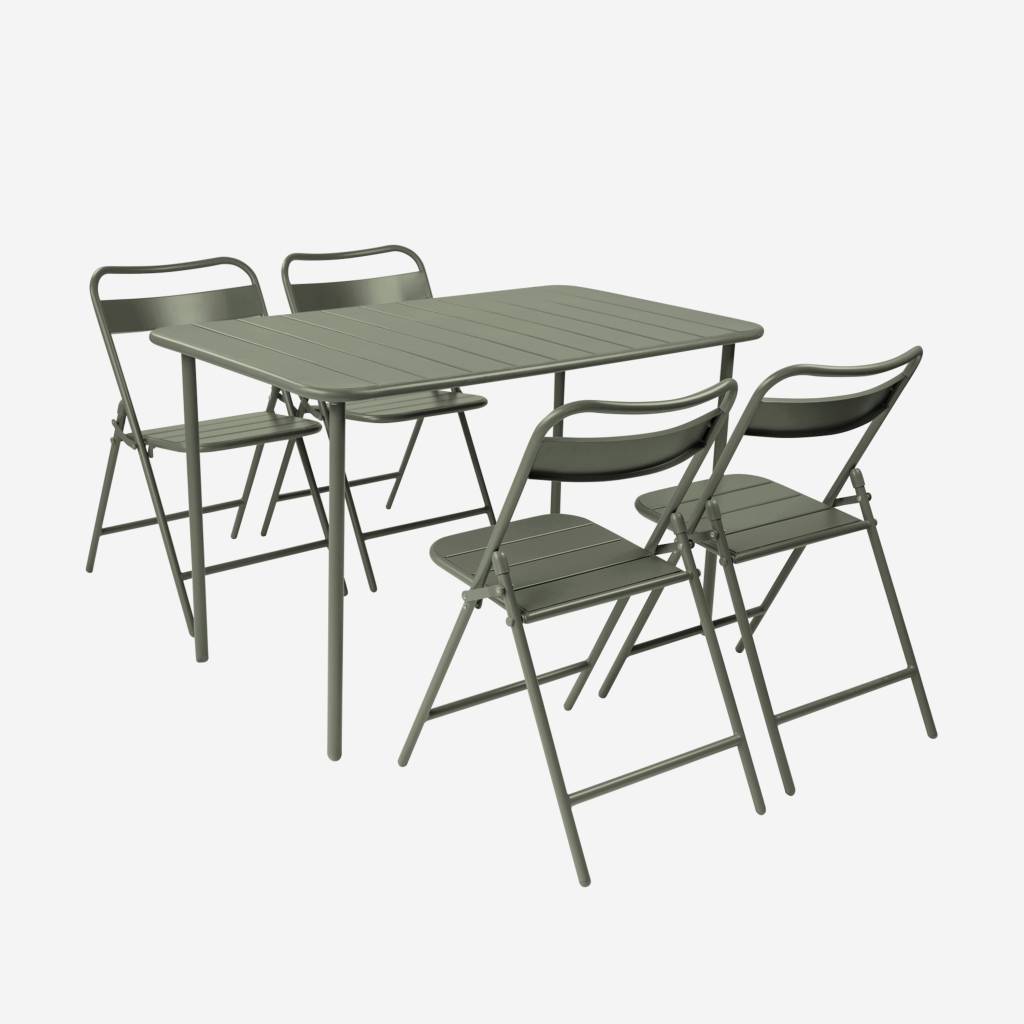 Table de jardin métal + 4 assises kaki 120 cm