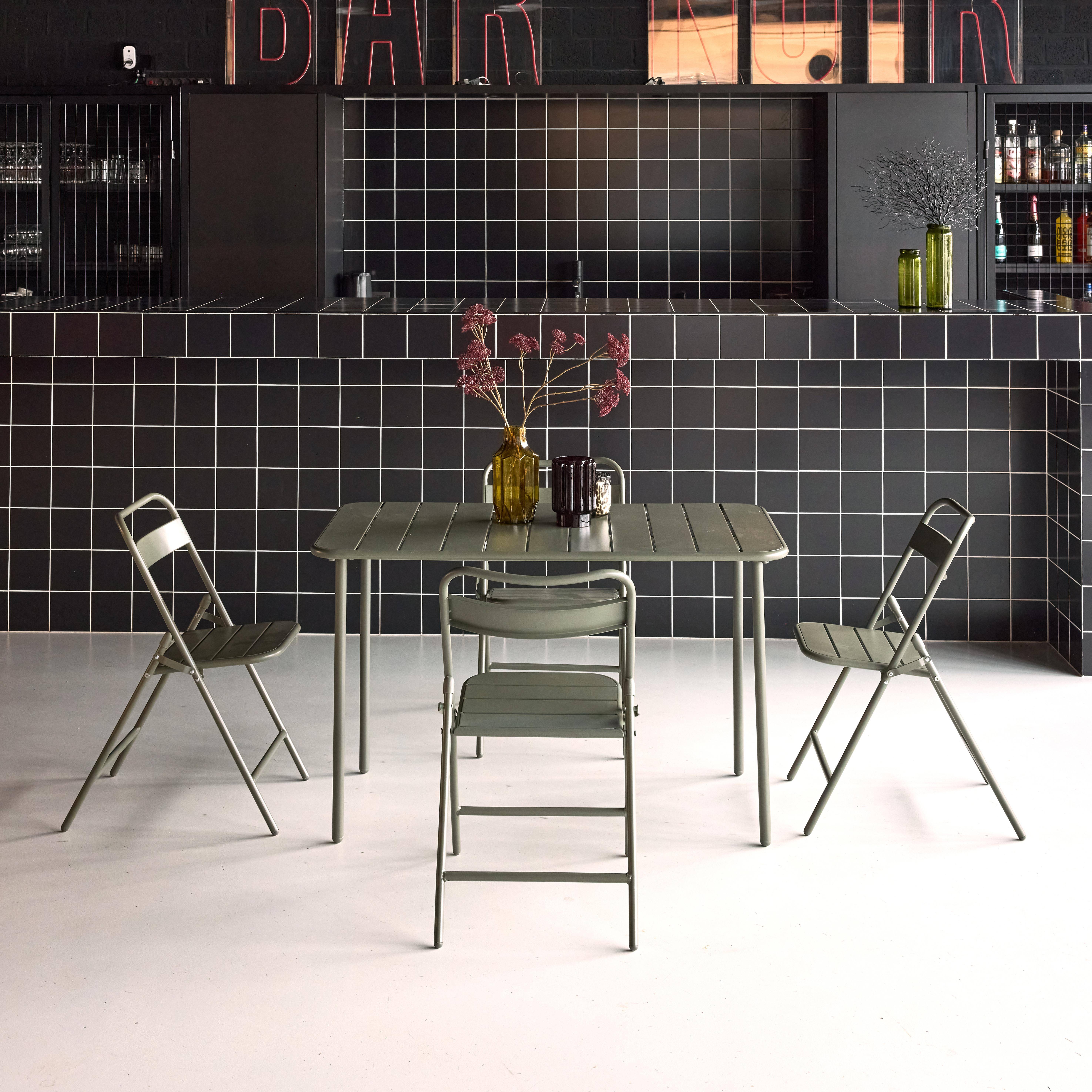 Metalen tuintafel + 4 opklapbare stoelen kaki 120 x 70 x 72,5cm - Amélia Photo1