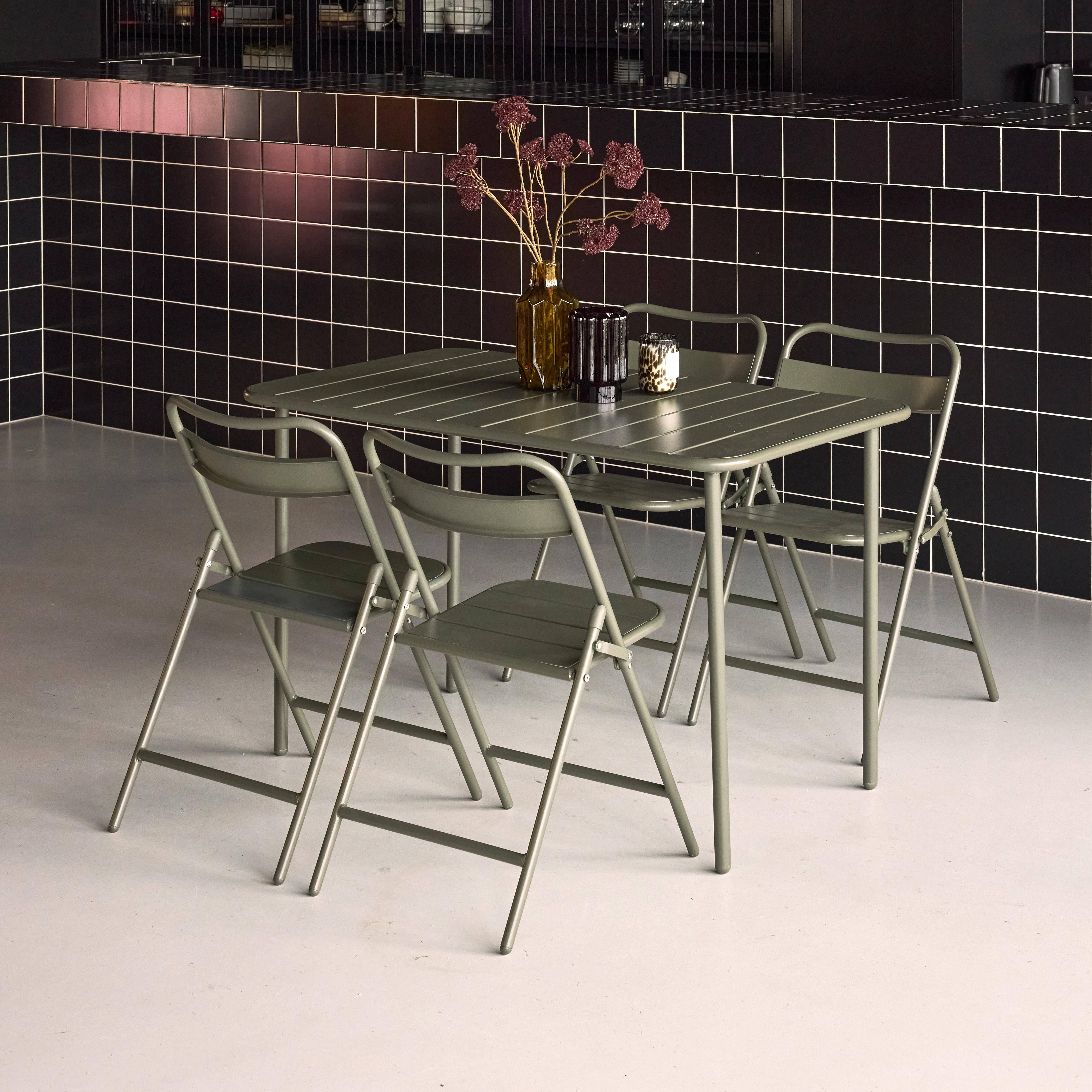 Metalen tuintafel + 4 opklapbare stoelen kaki 120 x 70 x 72,5cm - Amélia,sweeek,Photo2