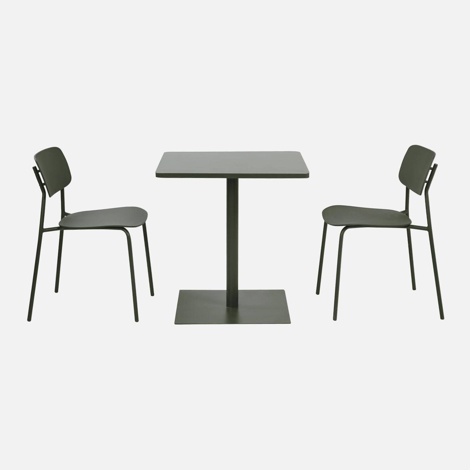 Table de jardin bistrot carré acier + 2 assises 70 cm kaki - Orea + Liva,sweeek,Photo2